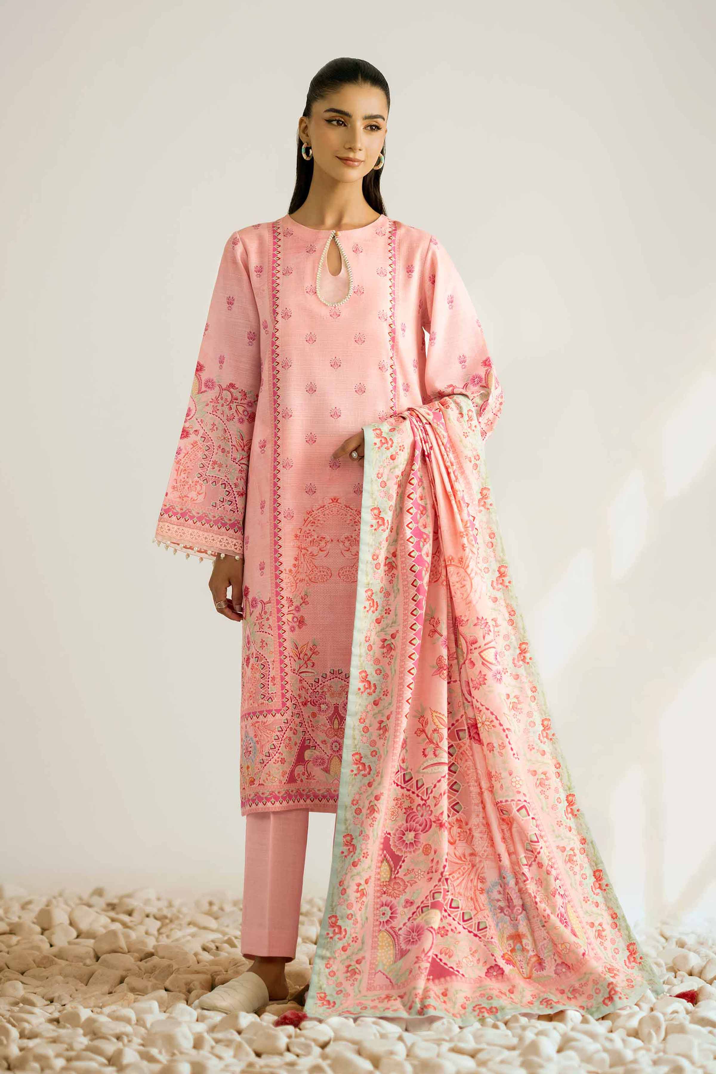 NISHATUAE - Pink Printed Khaddar 3-piece Unstitched Suit