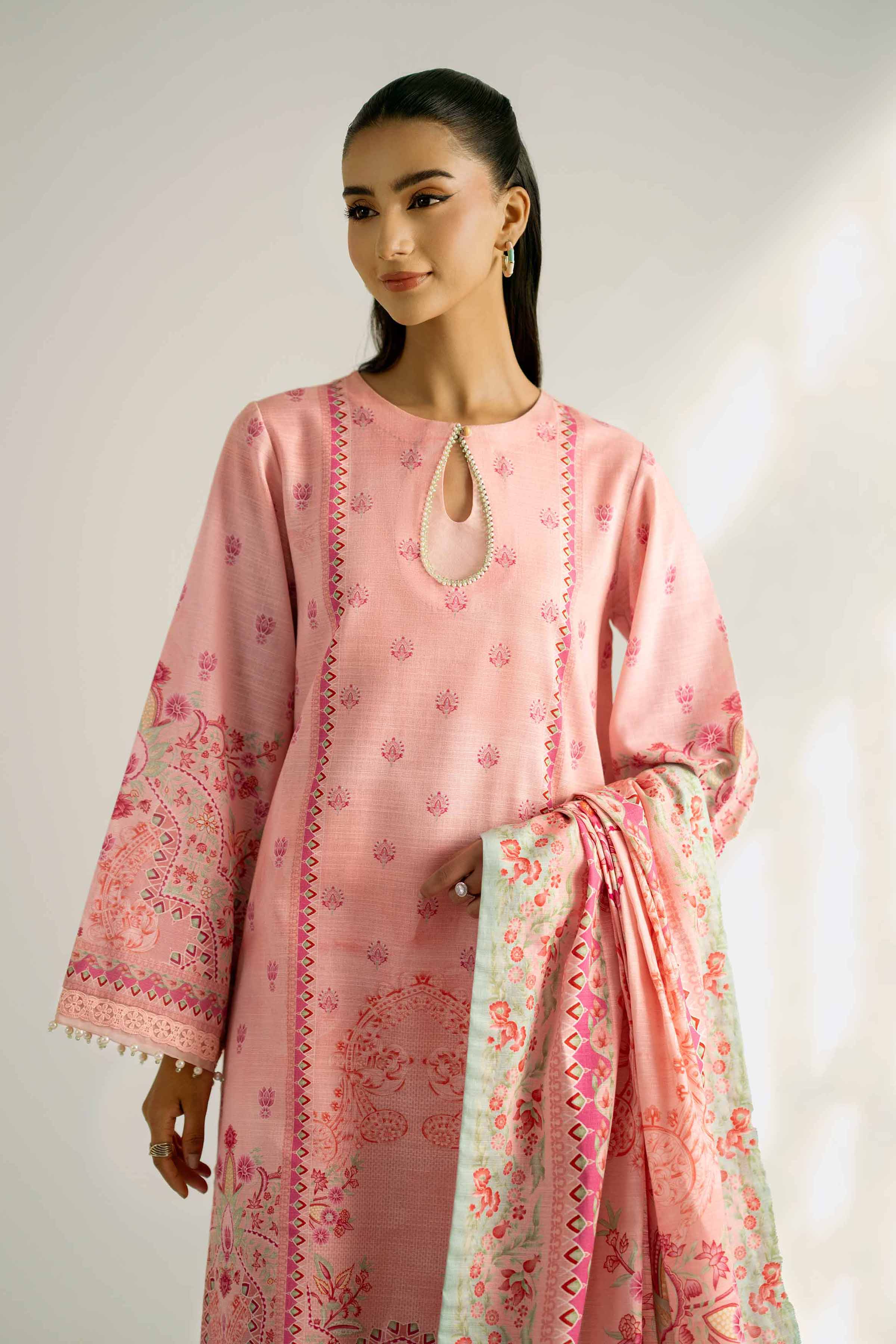 NISHATUAE - Pink Printed Khaddar 3-piece Unstitched Suit