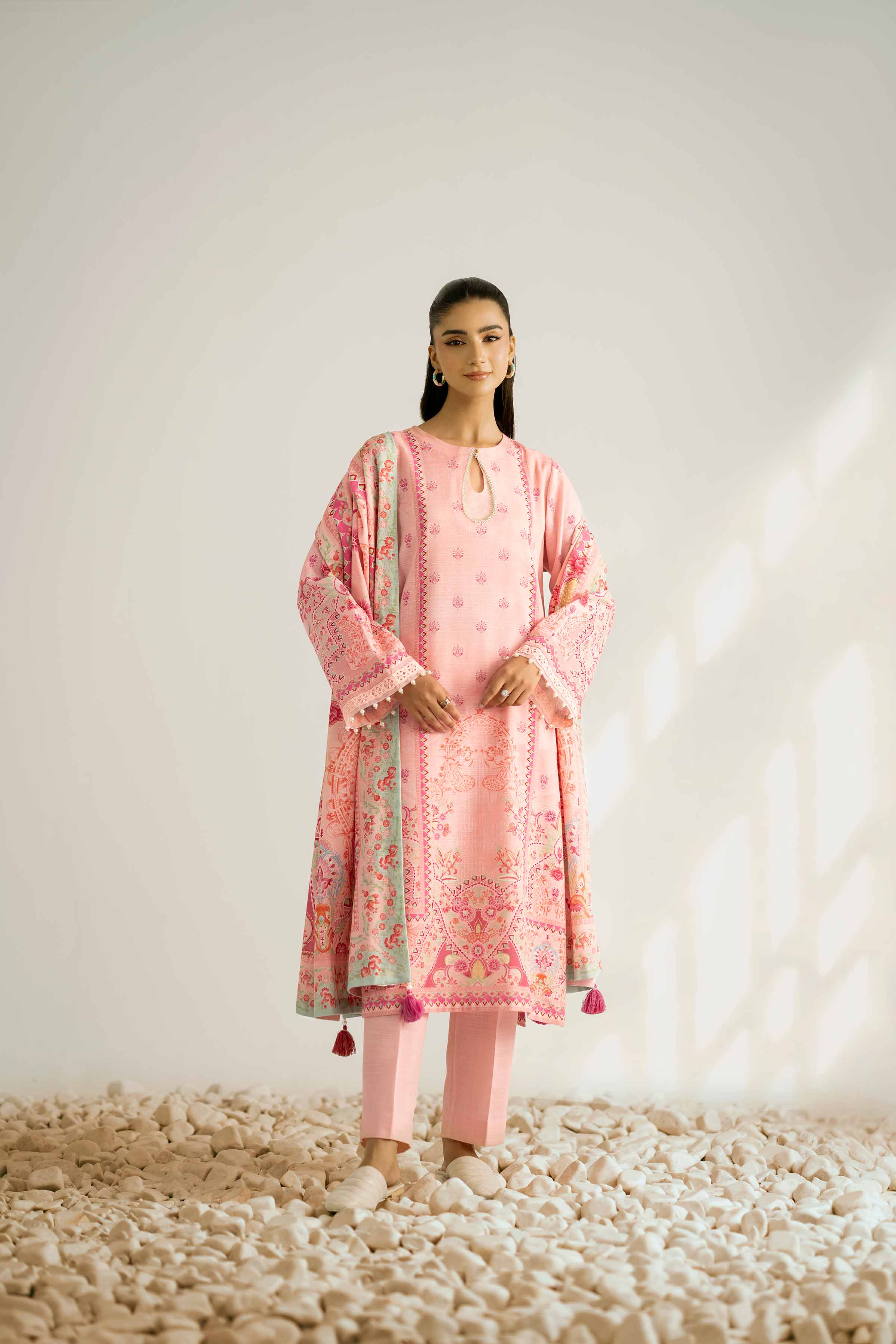 NISHATUAE - Pink Printed Khaddar 3-piece Unstitched Suit