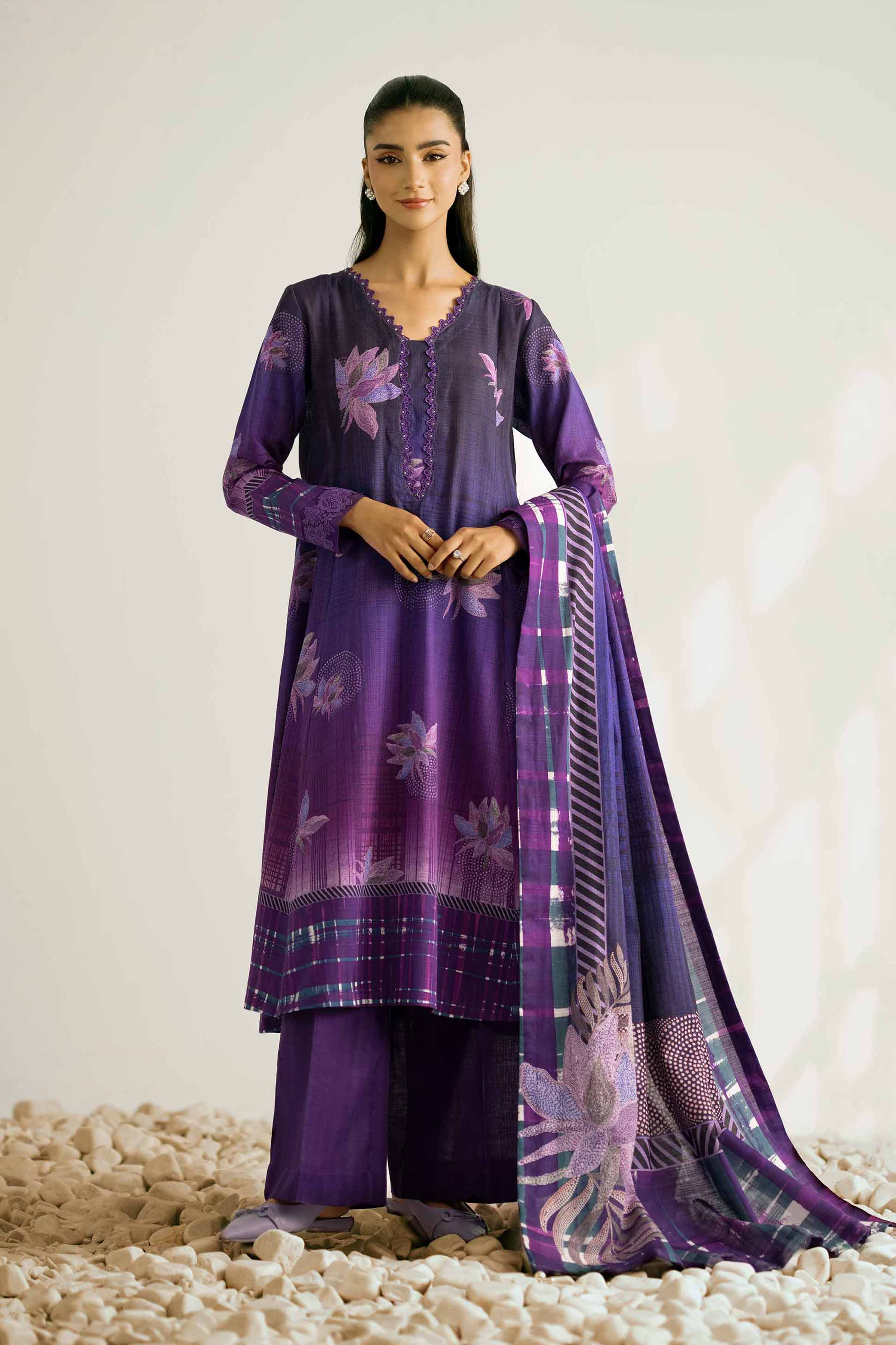 NISHATUAE - Purple Printed Khaddar 3-piece Unstitched Suit