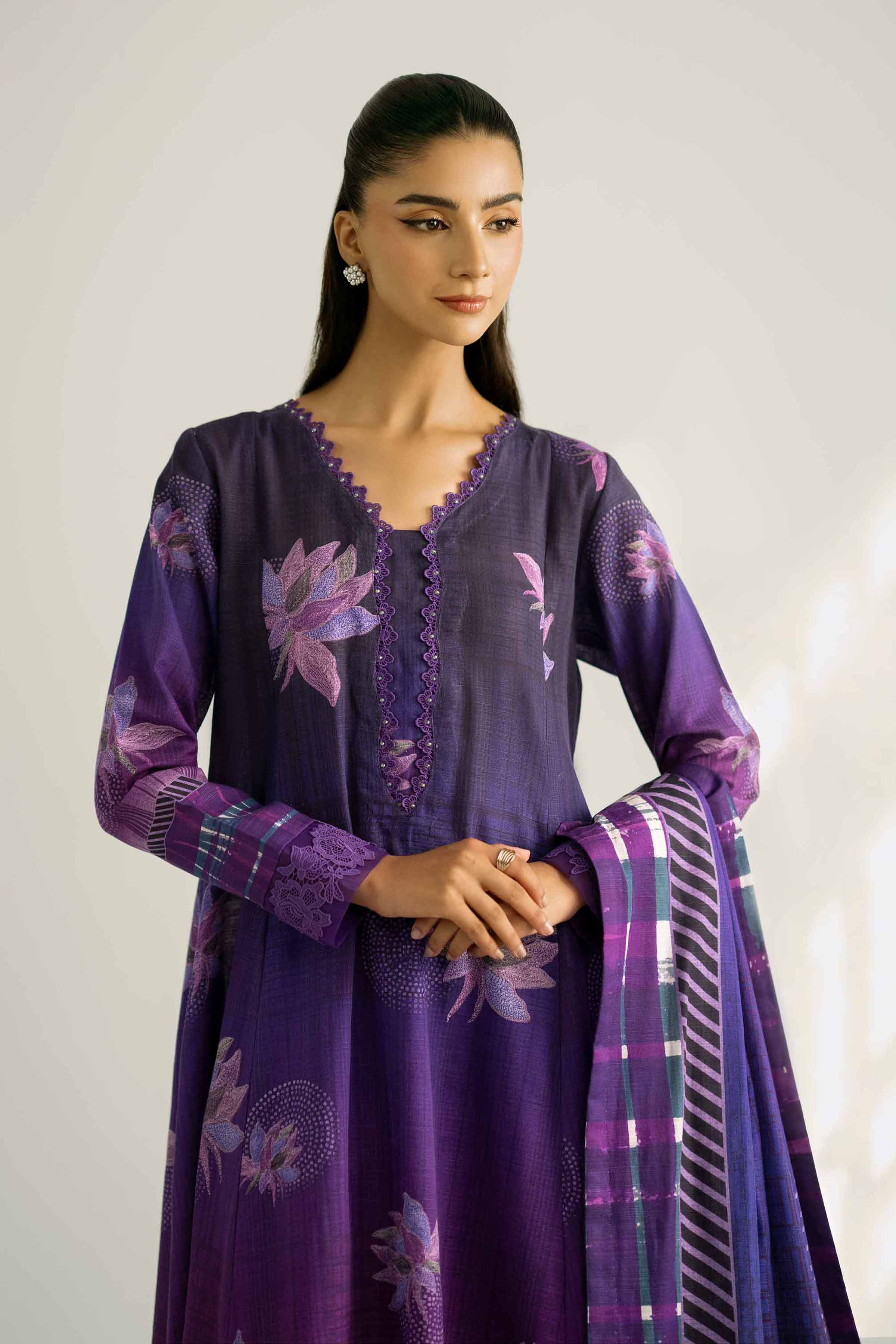 NISHATUAE - Purple Printed Khaddar 3-piece Unstitched Suit