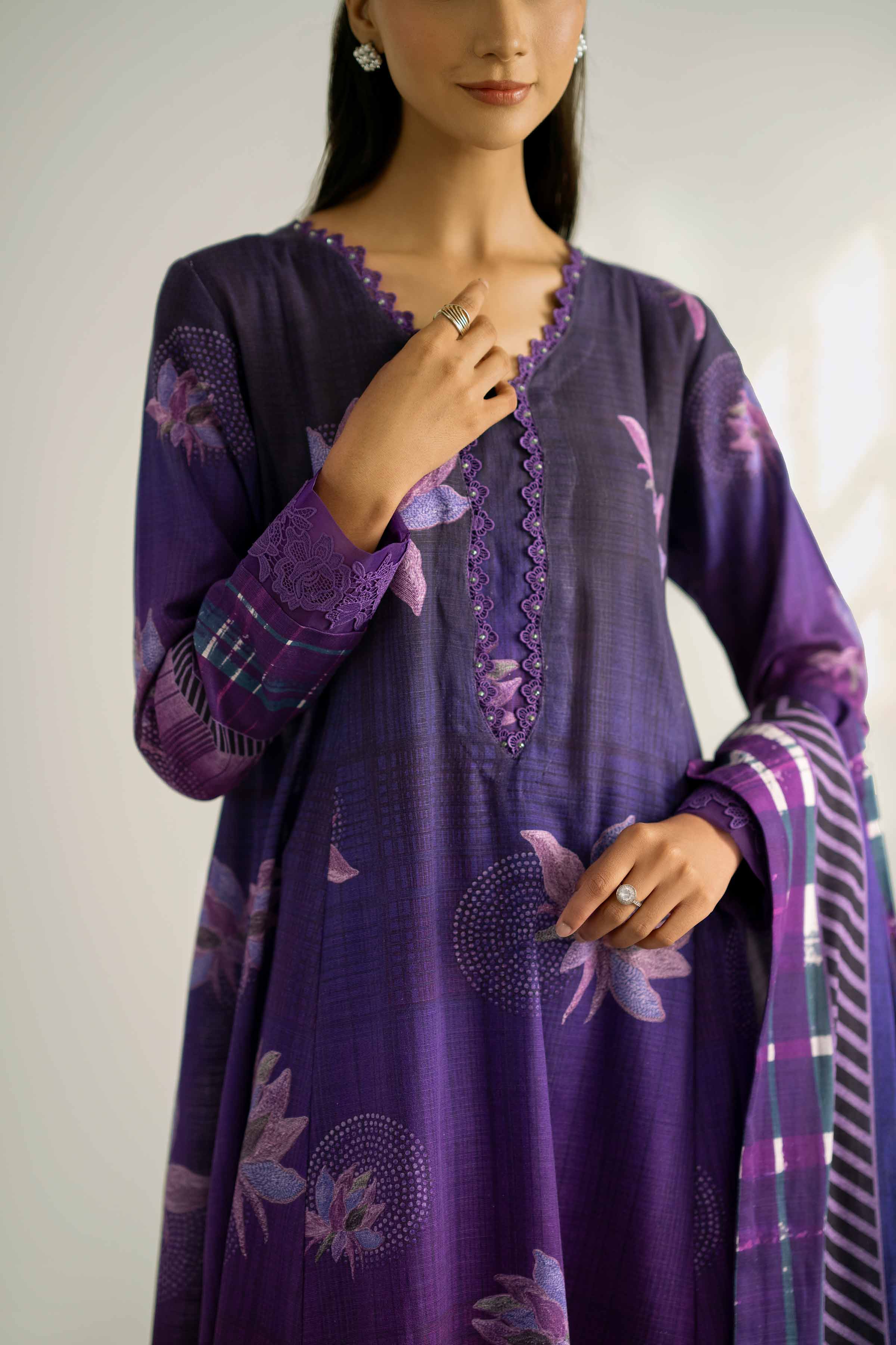 NISHATUAE - Purple Printed Khaddar 3-piece Unstitched Suit