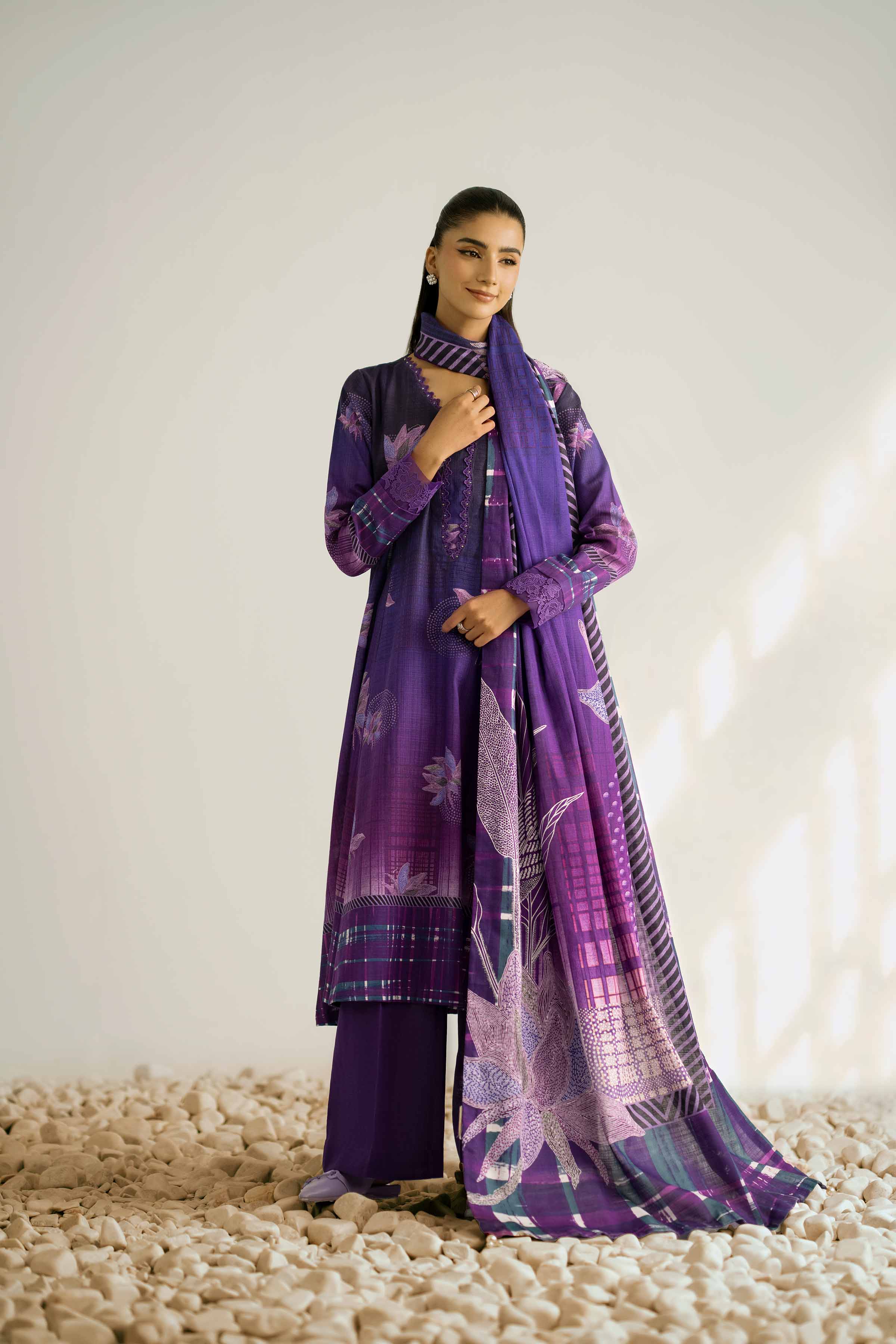 NISHATUAE - Purple Printed Khaddar 3-piece Unstitched Suit