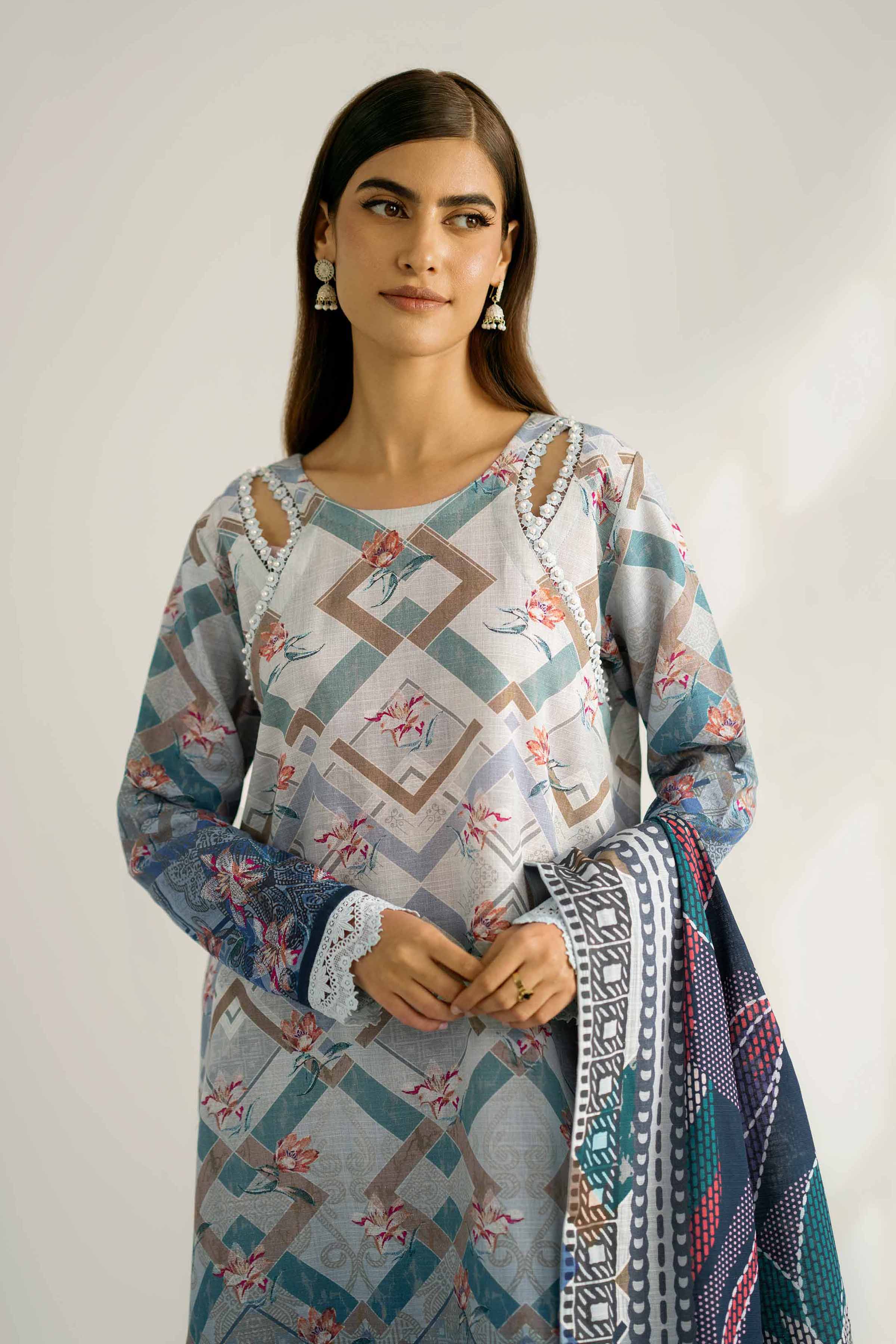 NISHATUAE - Blue Printed Khaddar 3-piece Unstitched Suit