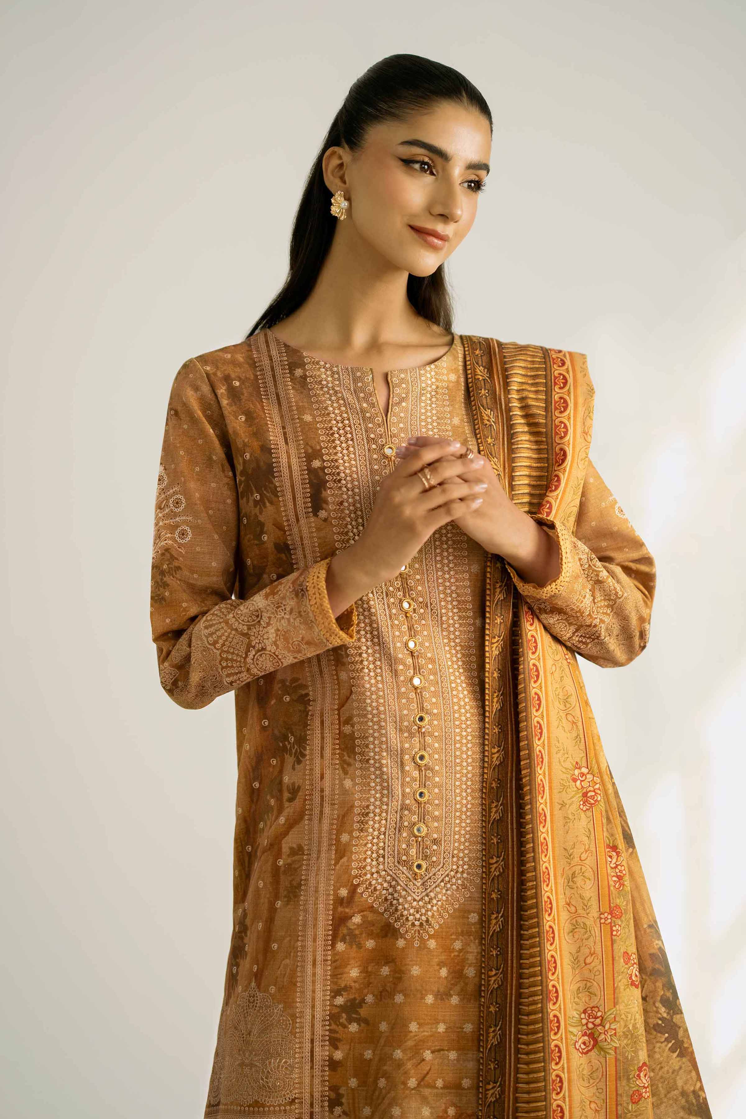 NISHATUAE - Brown Printed Khaddar 3-piece Unstitched Suit