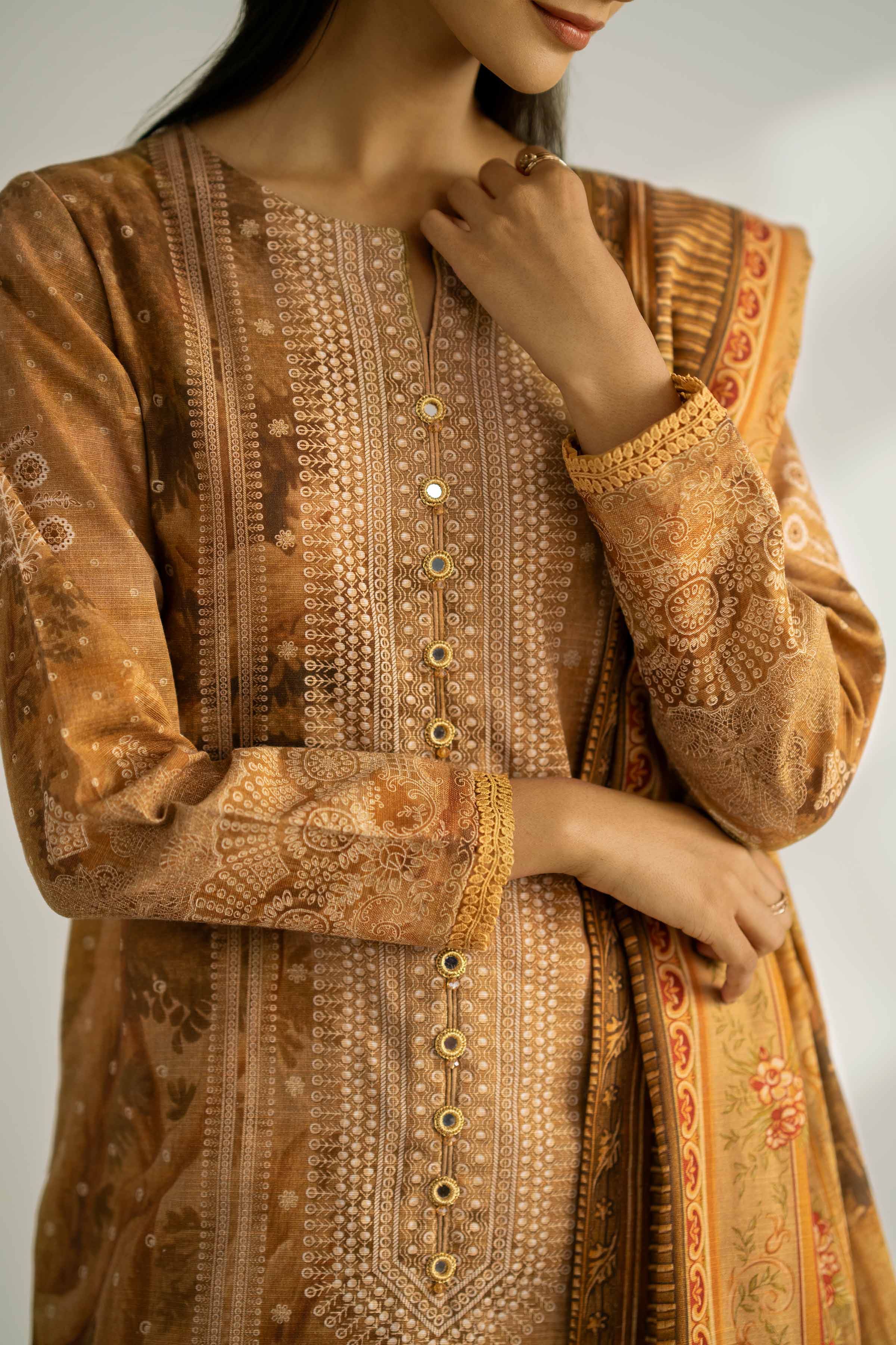 NISHATUAE - Brown Printed Khaddar 3-piece Unstitched Suit