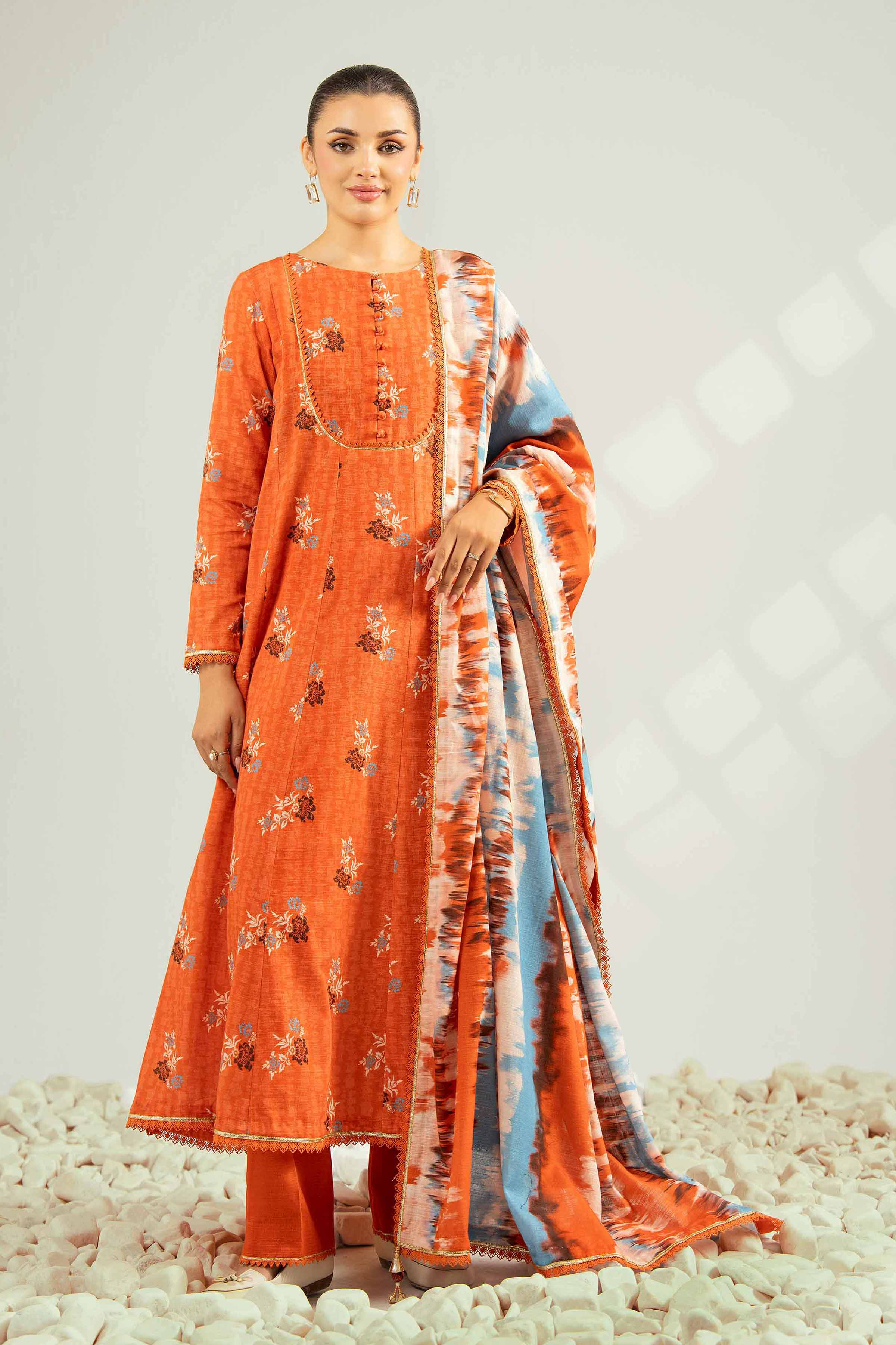 NISHATUAE - Orange Printed Khaddar 3-piece Unstitched Suit