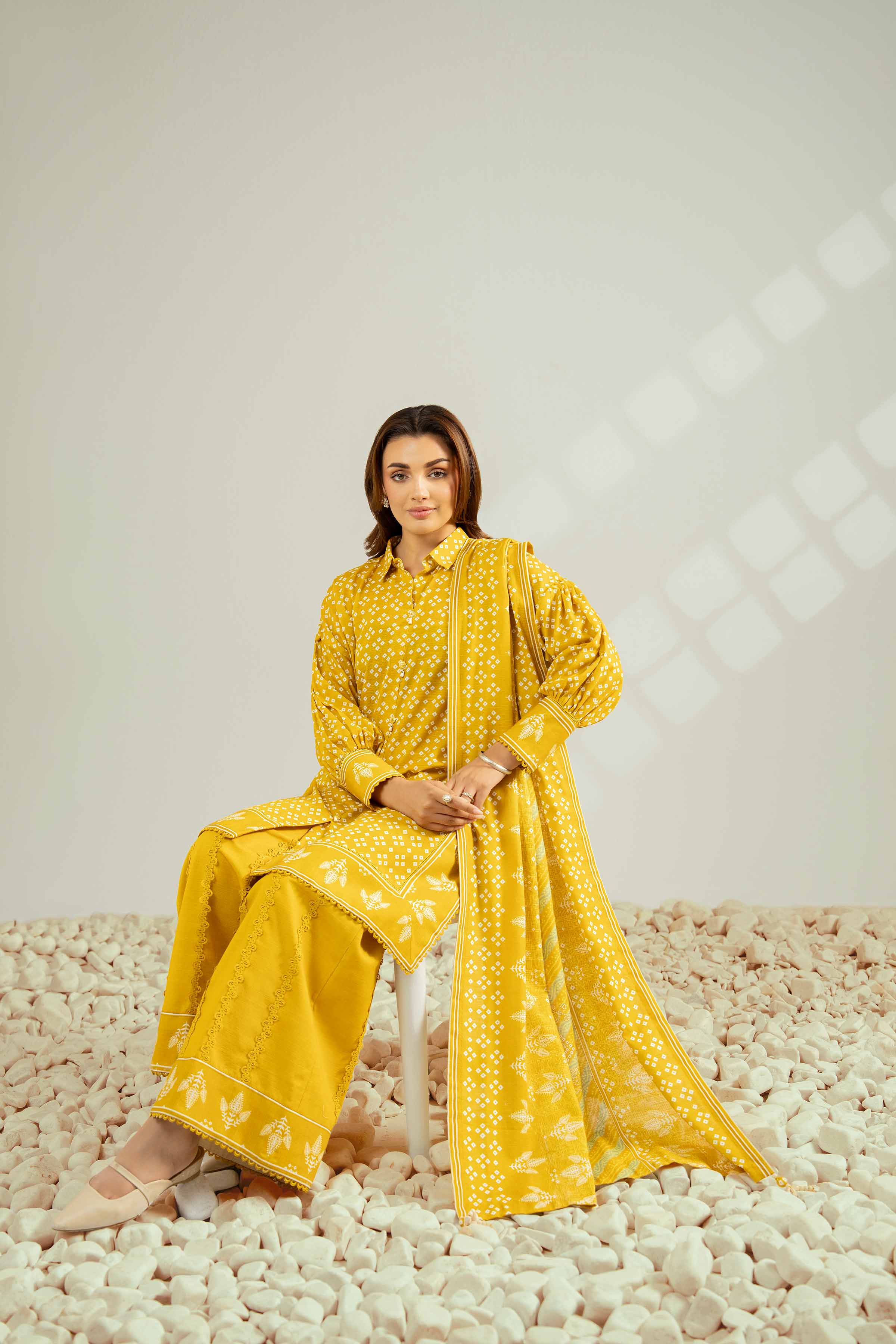 NISHATUAE - Yellow Printed Khaddar 3-piece Unstitched Suit