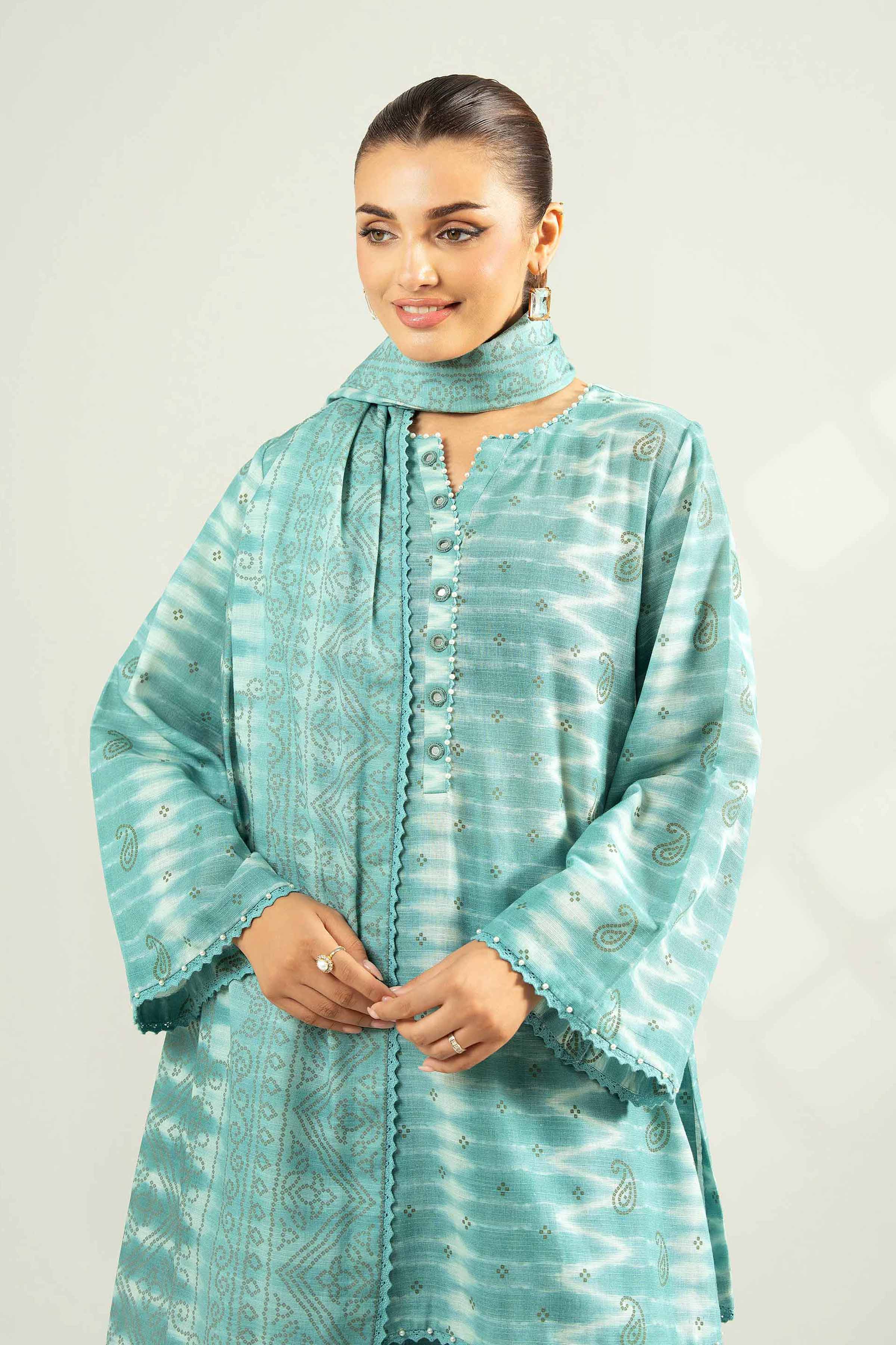 NISHATUAE - Aqua Printed Khaddar 3-piece Unstitched Suit