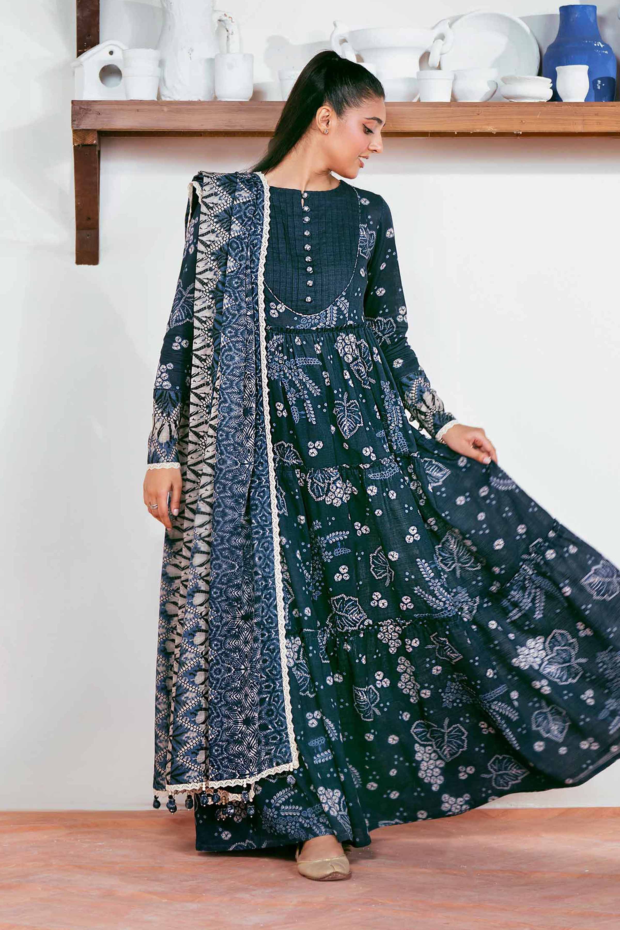 NISHATUAE - Blue Printed Khaddar 3-piece Unstitched Suit