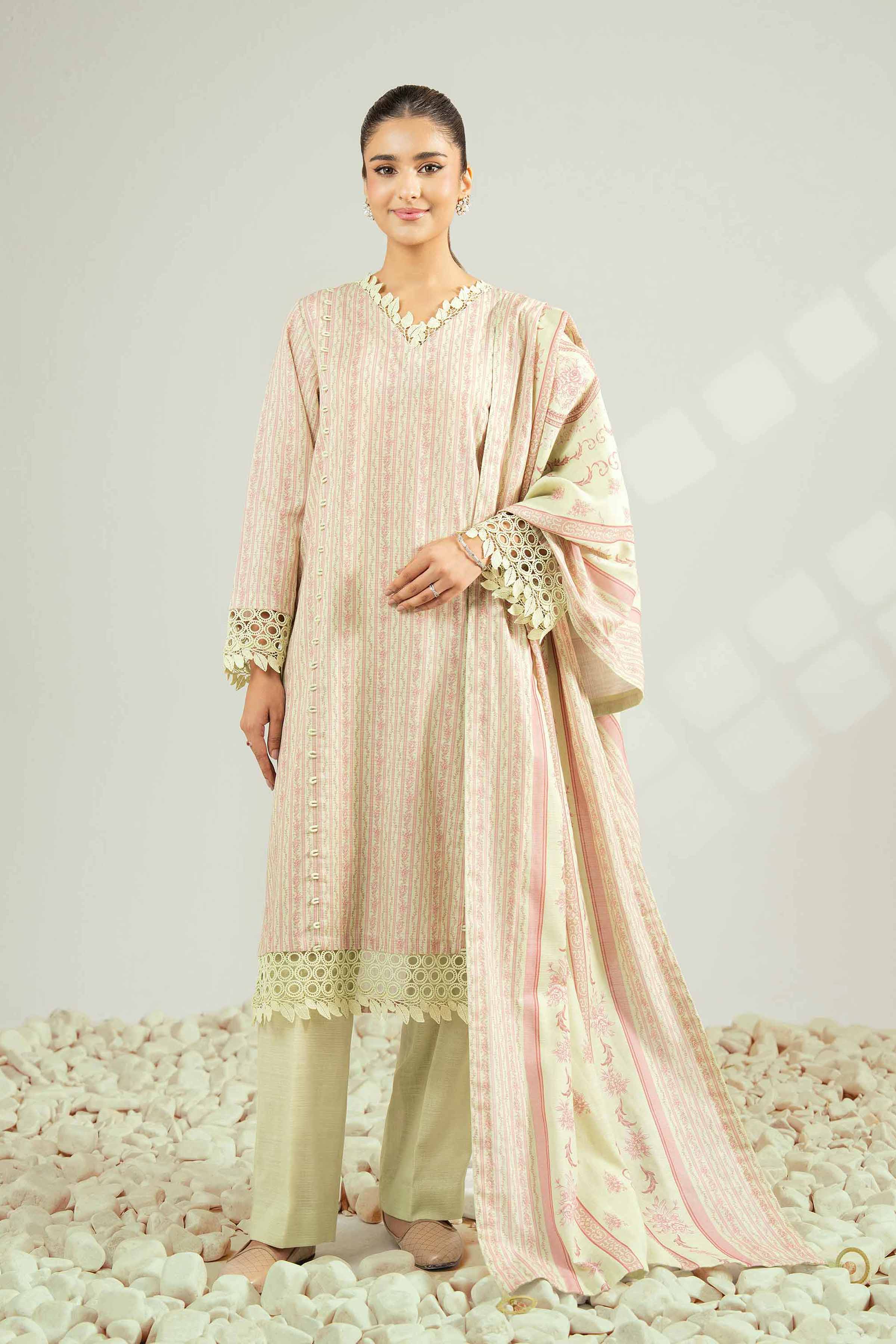 NISHATUAE - Pink Printed Khaddar 3-piece Unstitched Suit