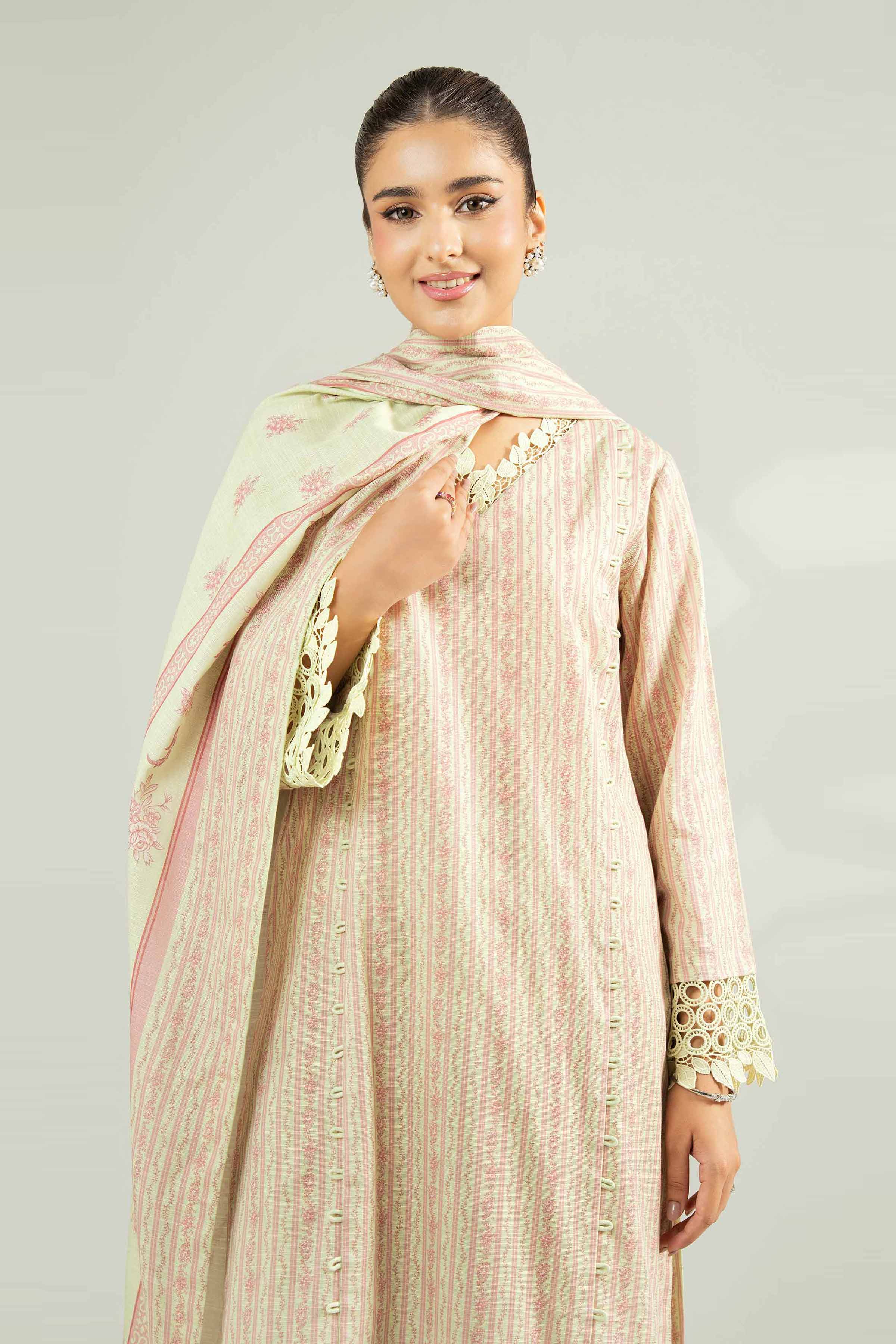 NISHATUAE - Pink Printed Khaddar 3-piece Unstitched Suit