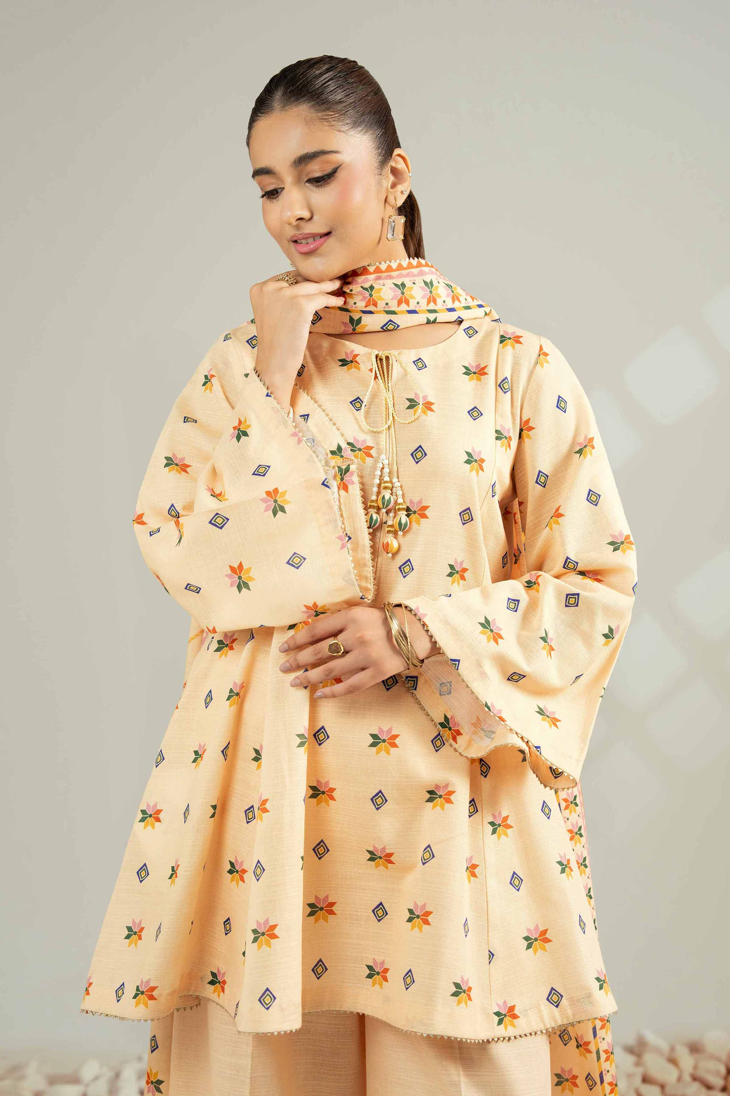 NISHATUAE - Orange Printed Khaddar 3-piece Unstitched Suit