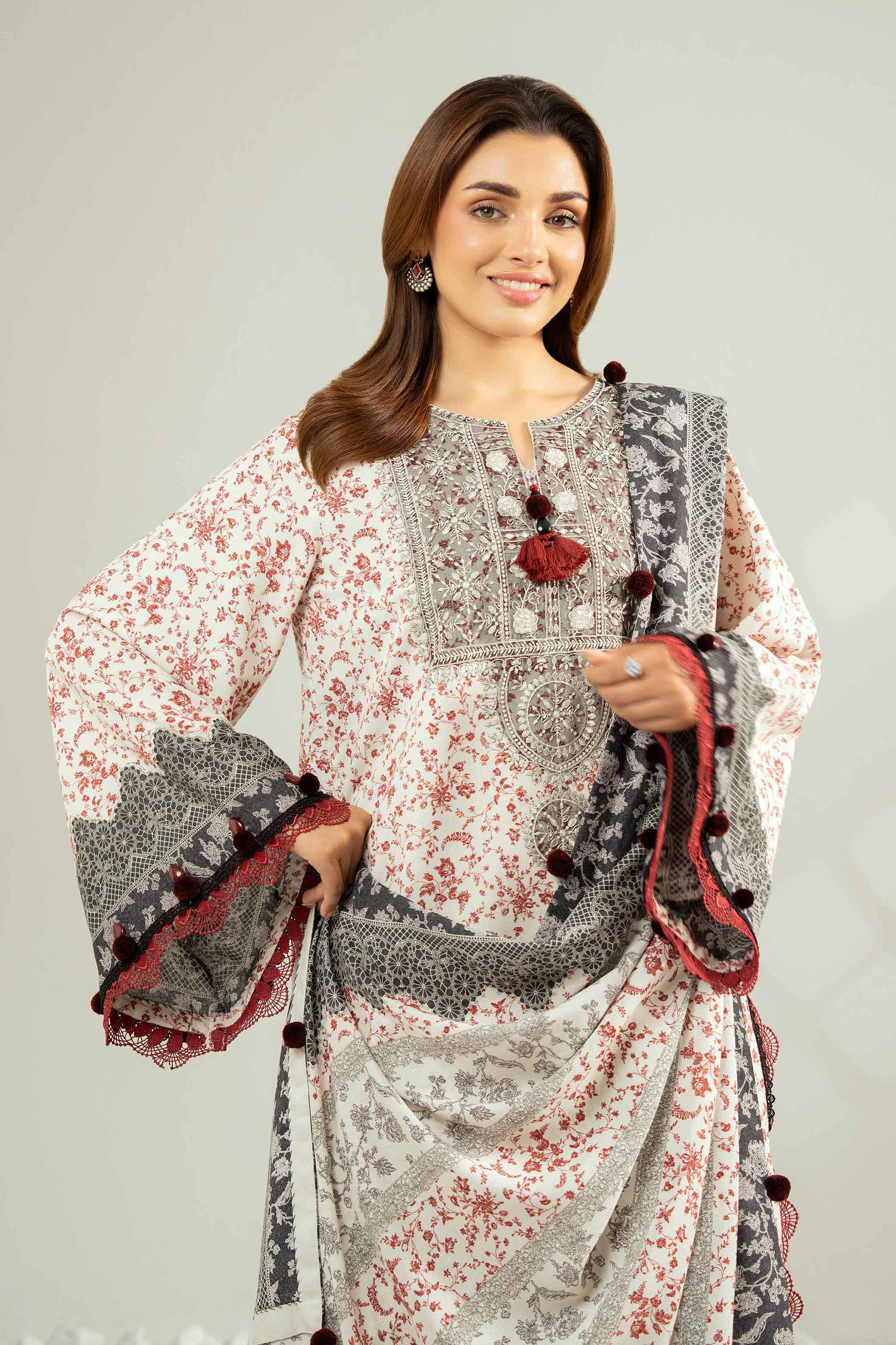 NISHATUAE - Off White Embroidered Karandi 3-piece Unstitched Suit