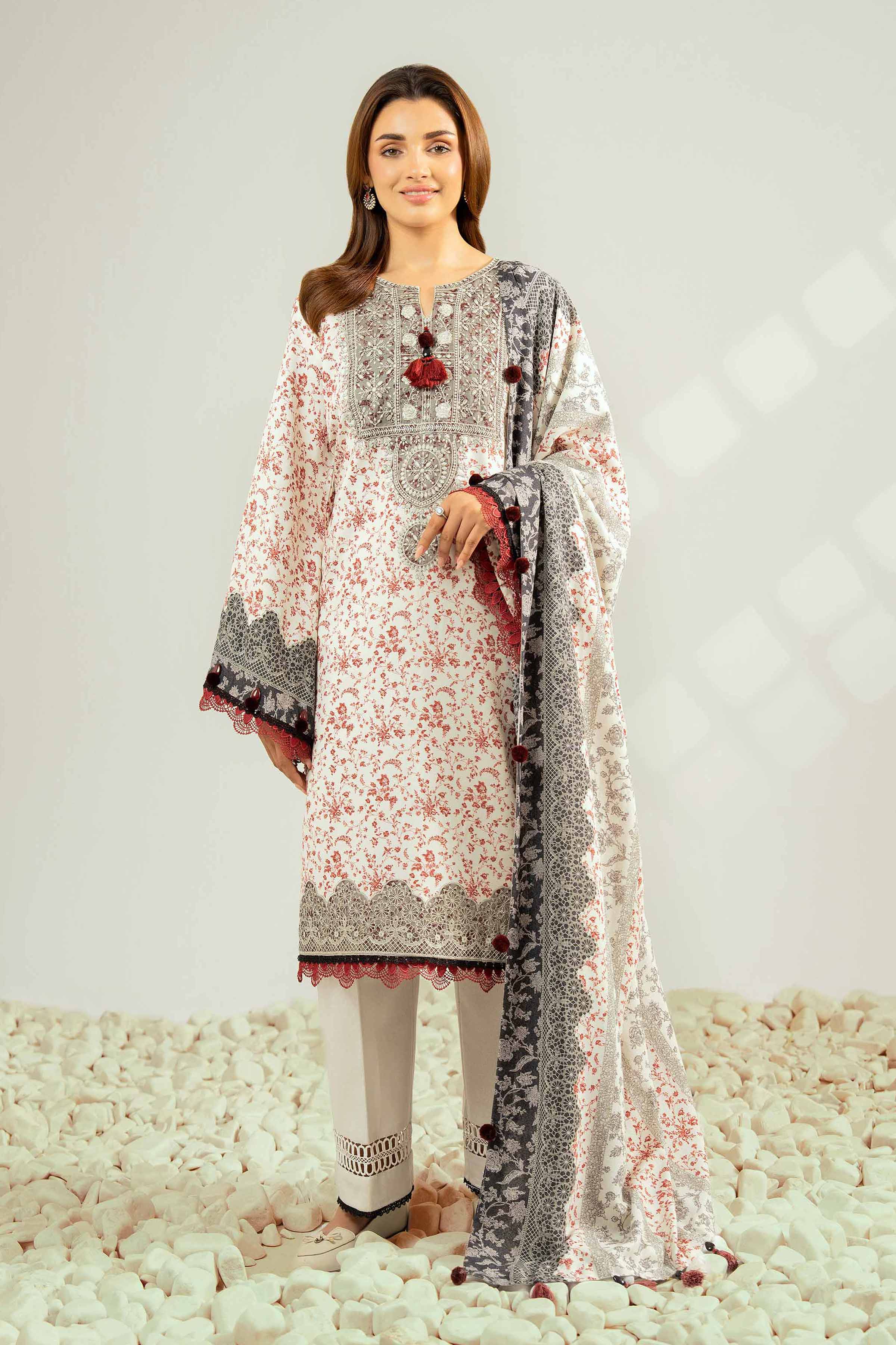 NISHATUAE - Off White Embroidered Karandi 3-piece Unstitched Suit