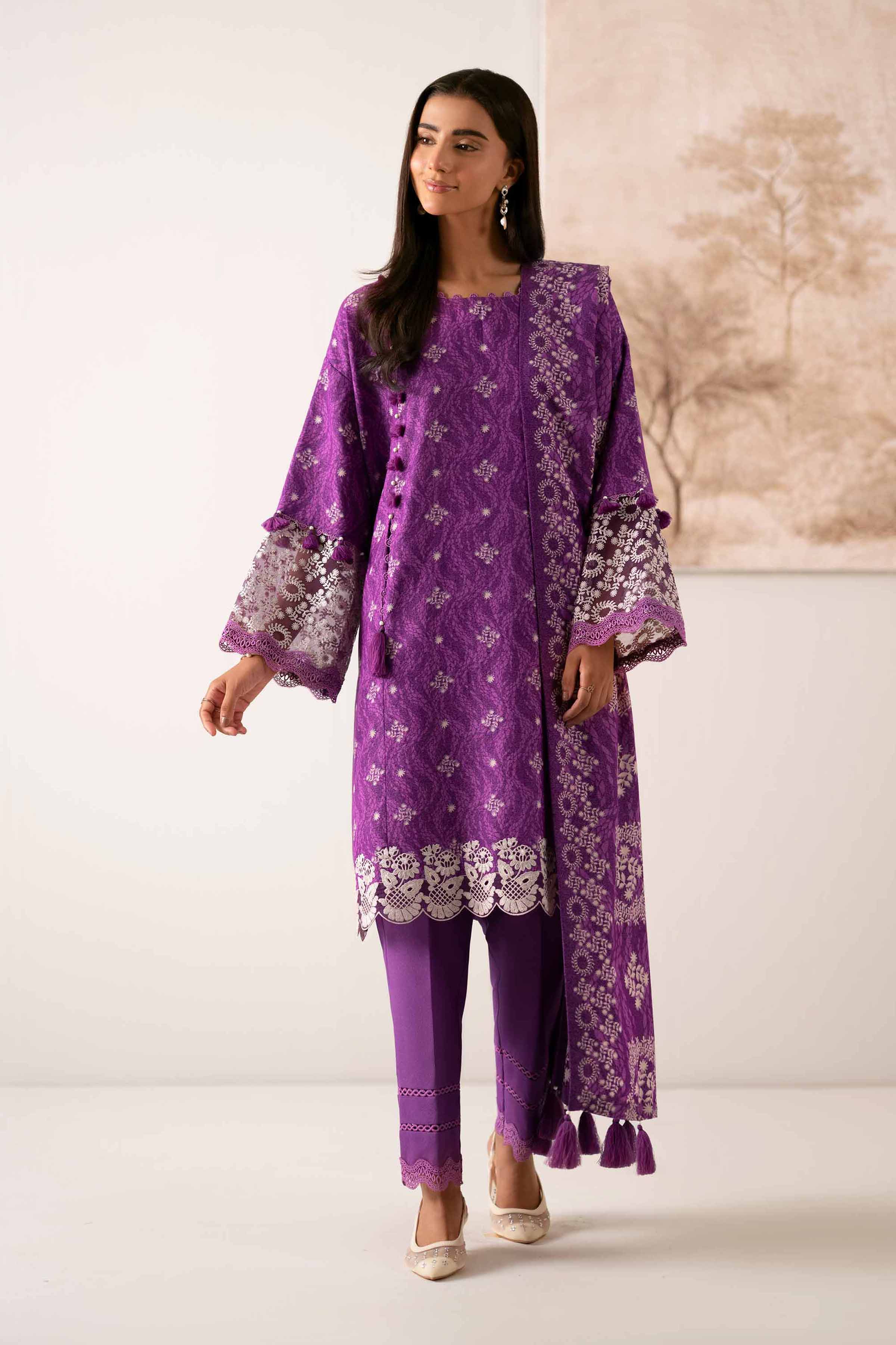 NISHATUAE - Purple Embroidered Karandi 3-piece Unstitched Suit