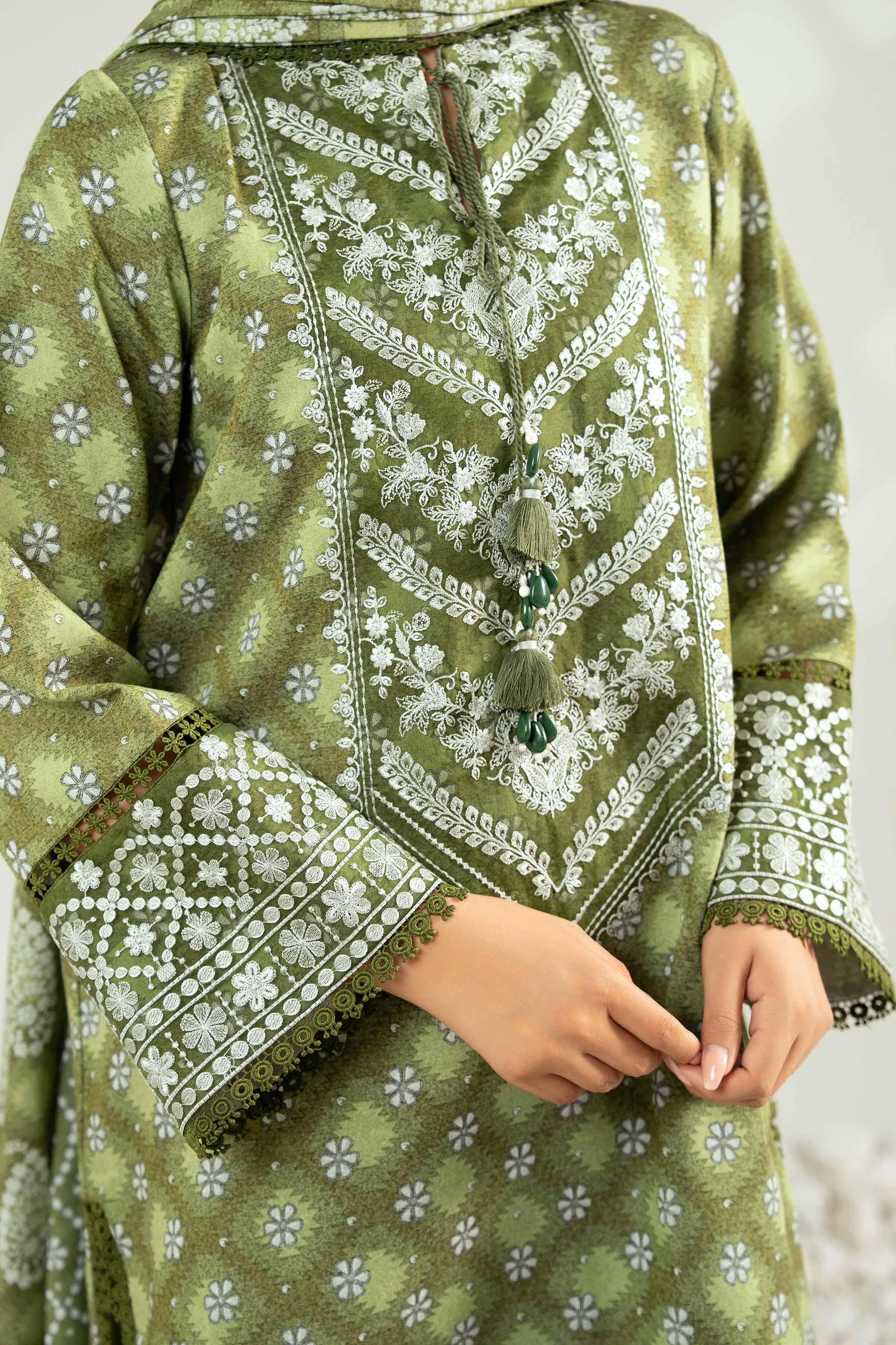 NISHATUAE - Green Embroidered Karandi 3-piece Unstitched Suit
