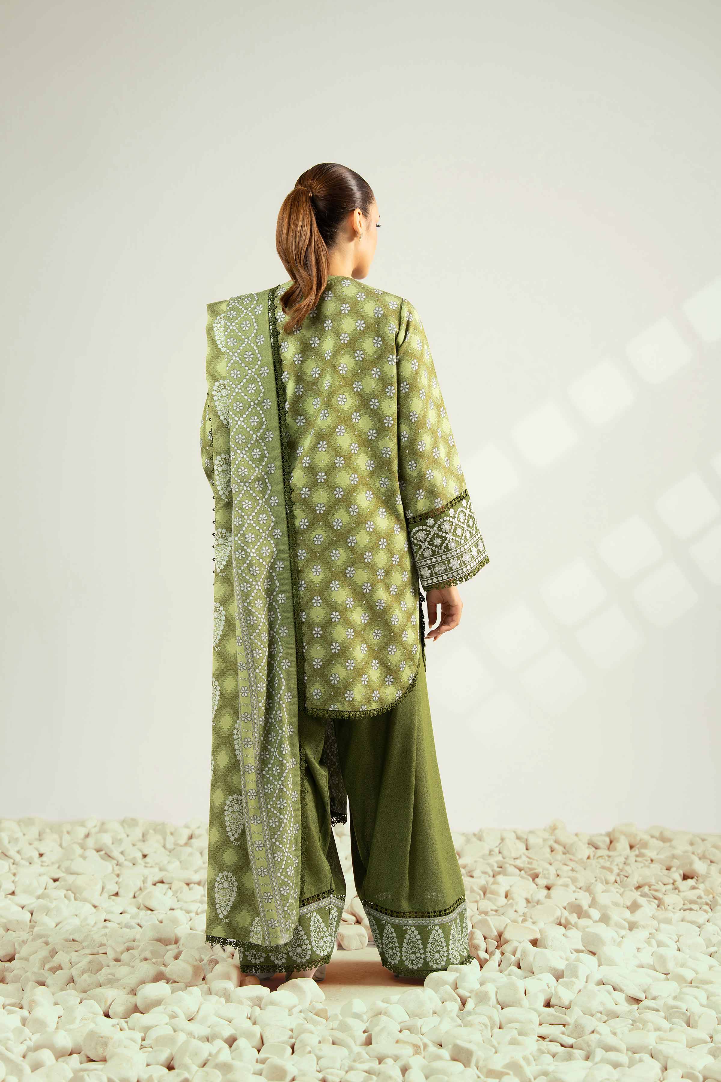 NISHATUAE - Green Embroidered Karandi 3-piece Unstitched Suit
