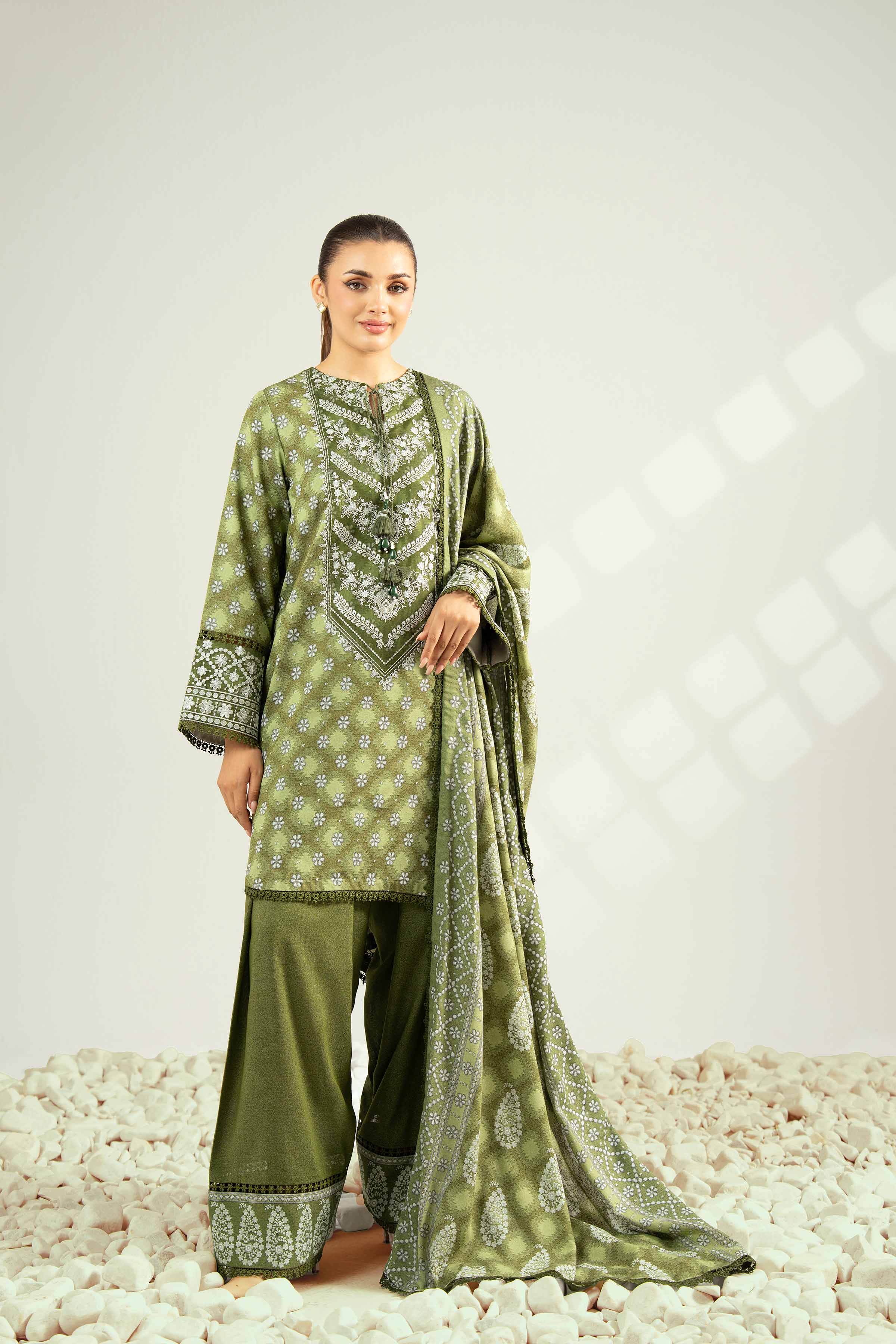 NISHATUAE - Green Embroidered Karandi 3-piece Unstitched Suit