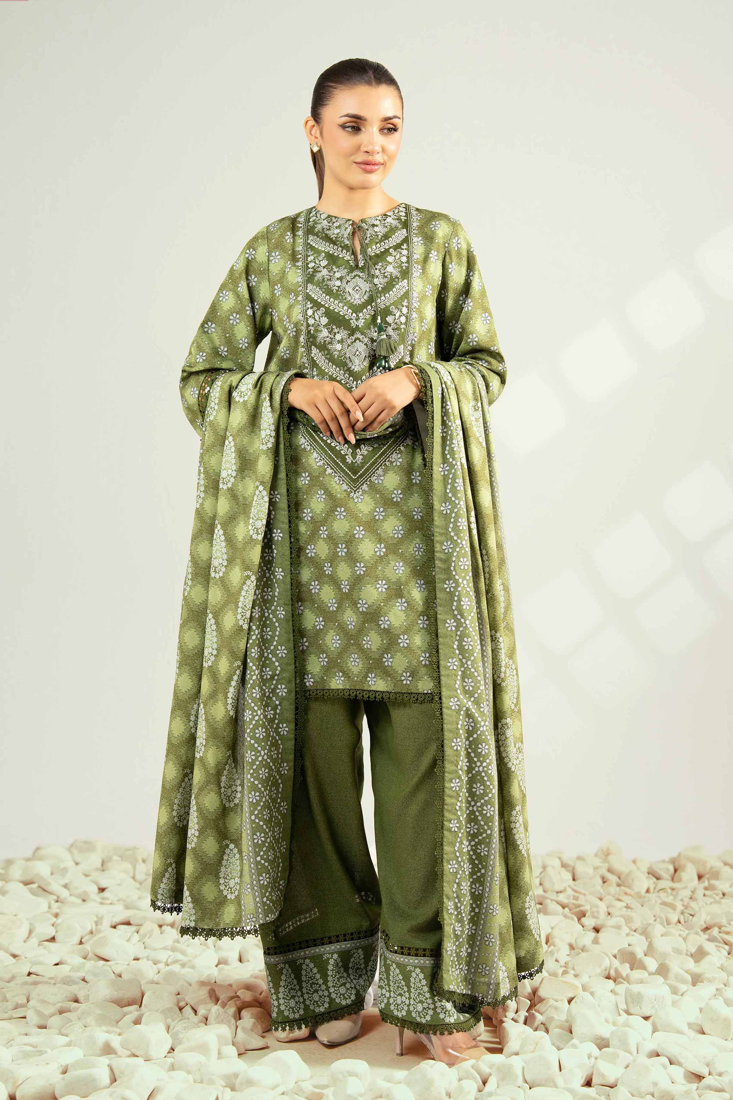 NISHATUAE - Green Embroidered Karandi 3-piece Unstitched Suit