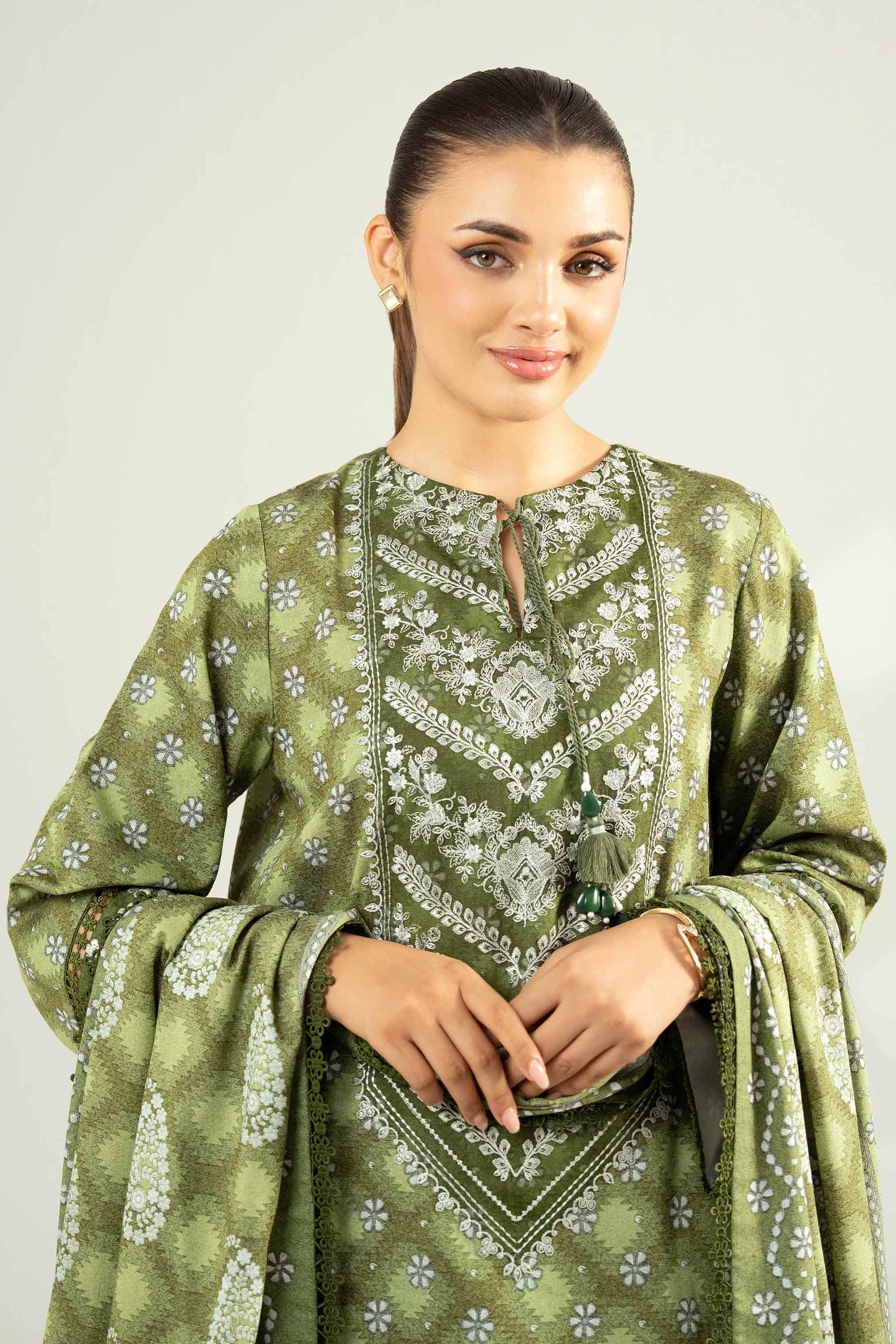 NISHATUAE - Green Embroidered Karandi 3-piece Unstitched Suit