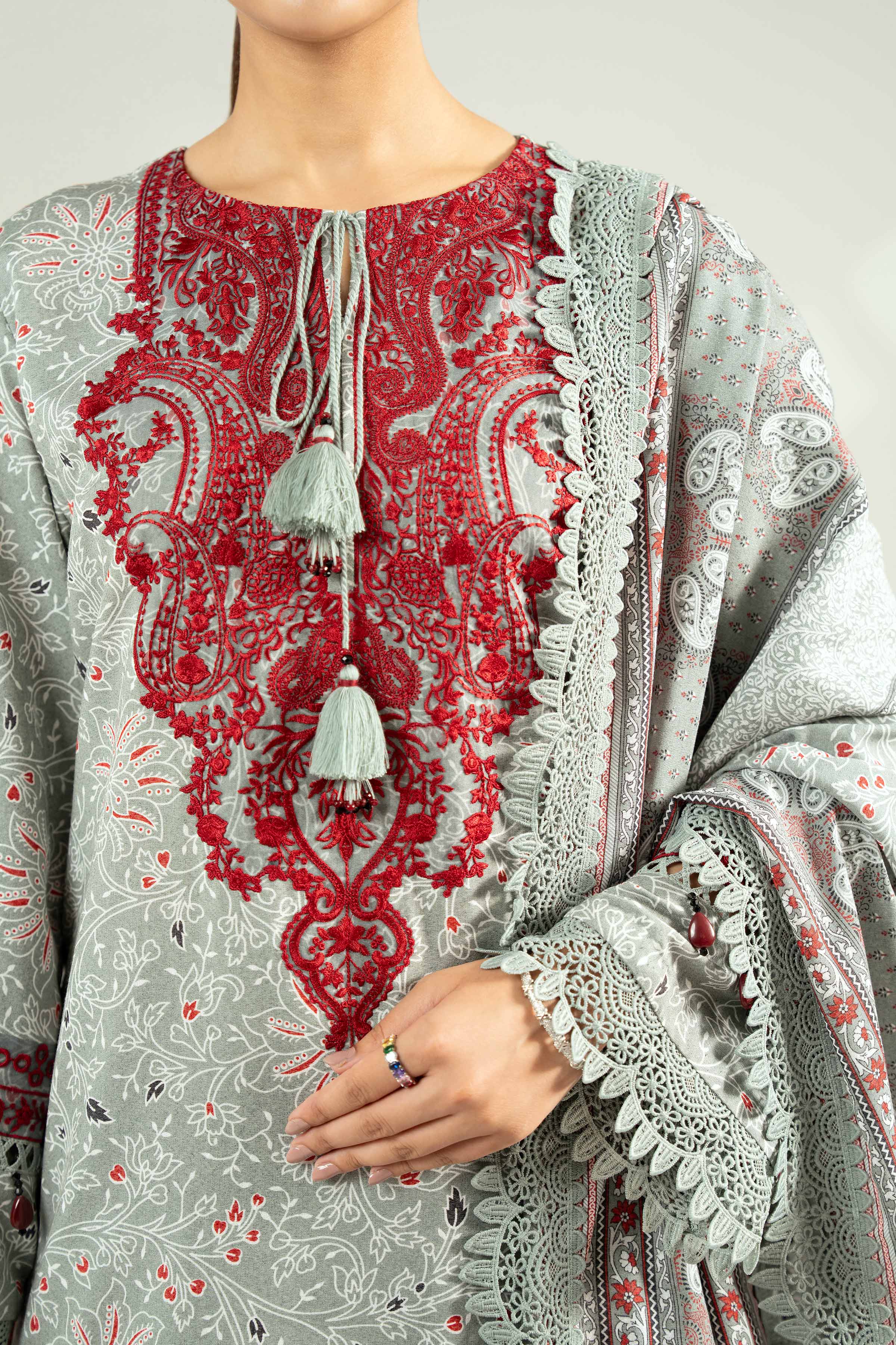 NISHATUAE - Grey Embroidered Karandi 3-piece Unstitched Suit