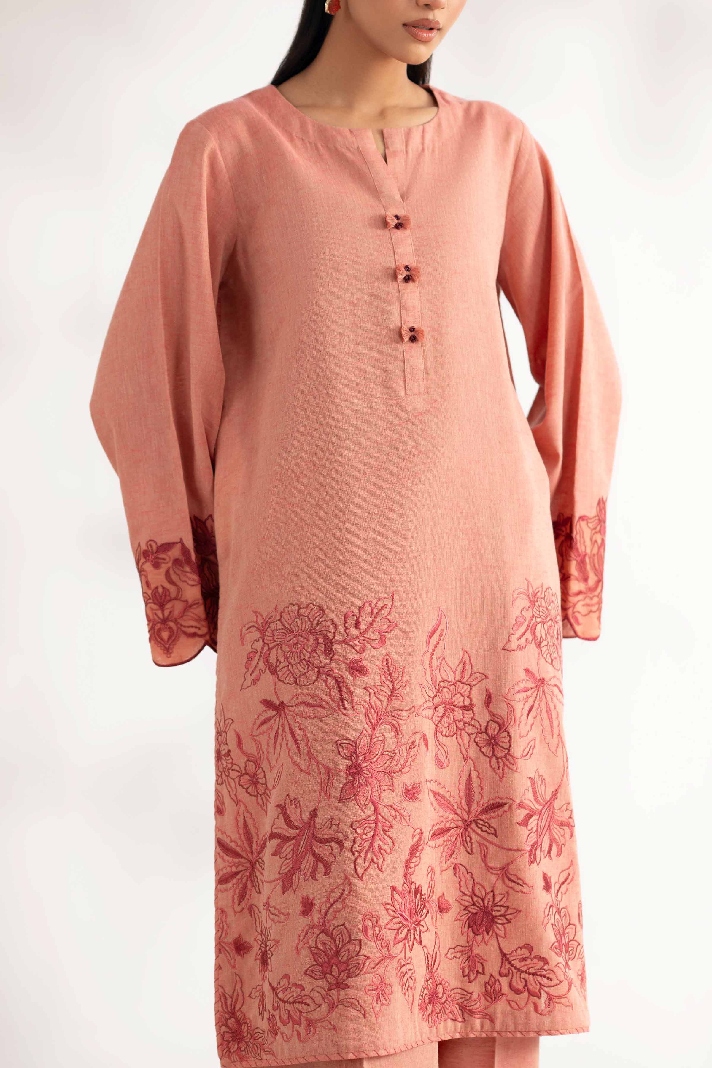 NISHATUAE - Coral Embroidered Cotton 2-piece Unstitched Dress