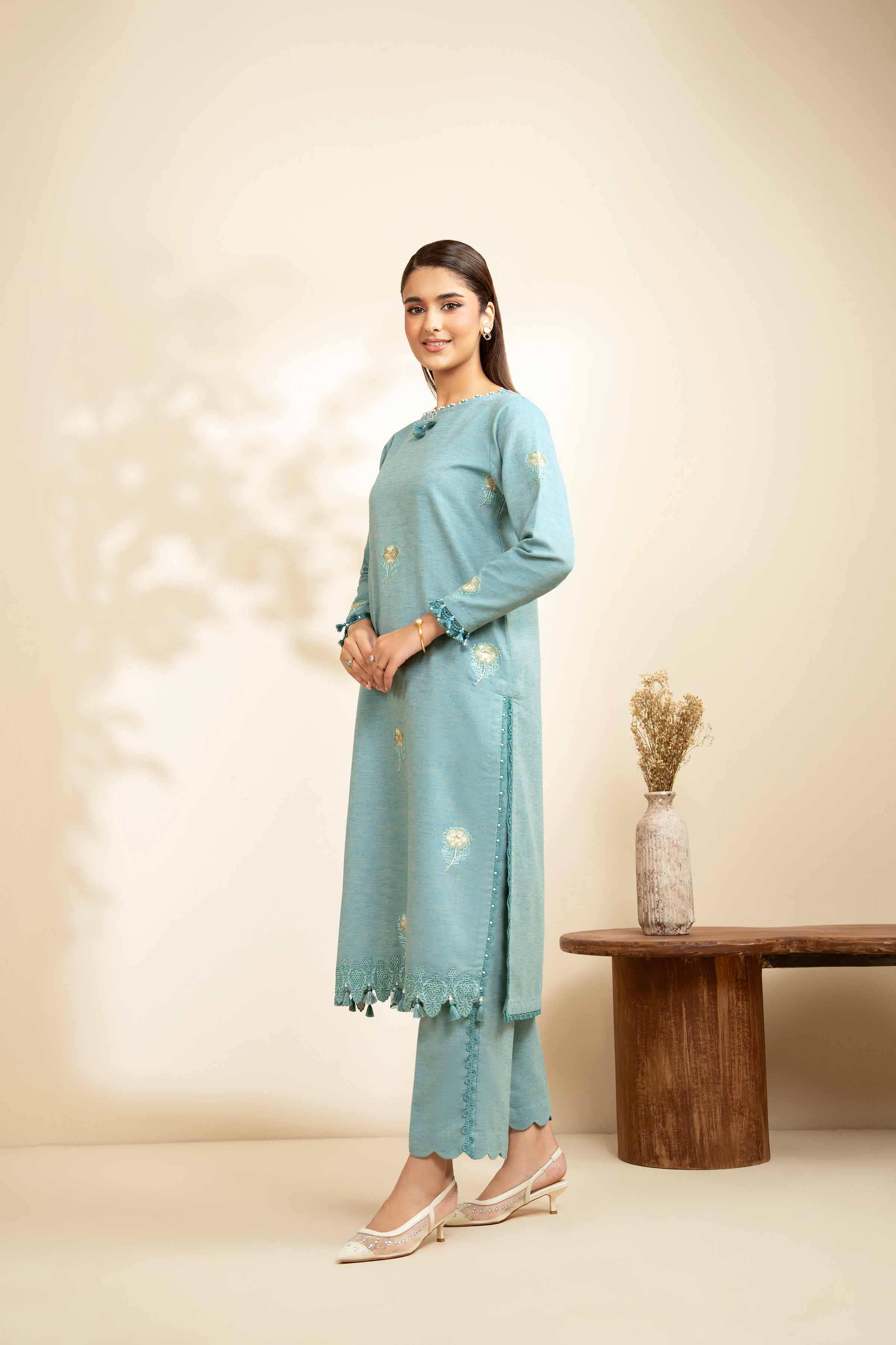 NISHATUAE - Turquoise Embroidered Linen 2-piece Unstitched Dress