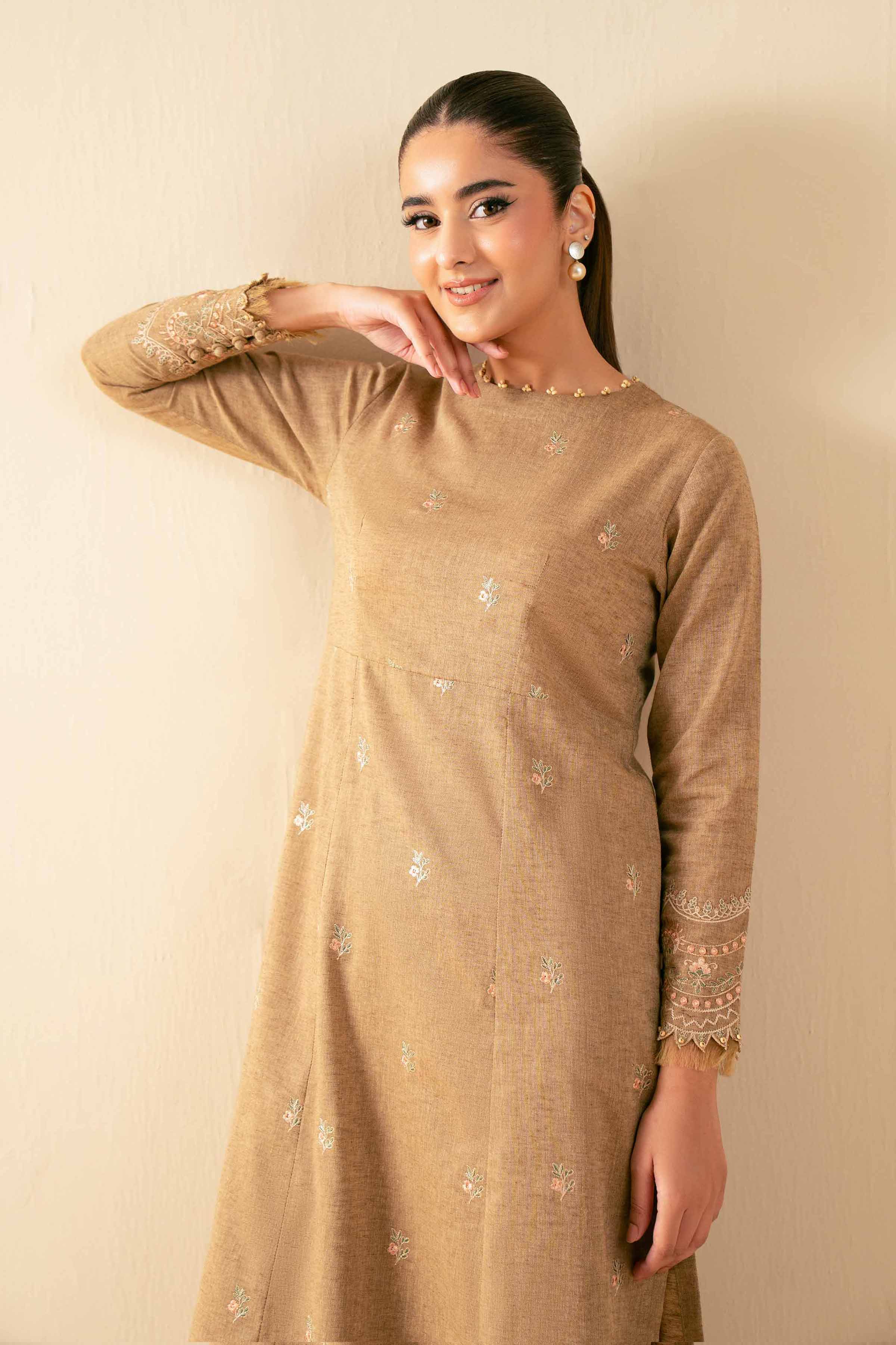 NISHATUAE - Ochre Embroidered Linen 2-piece Unstitched Dress