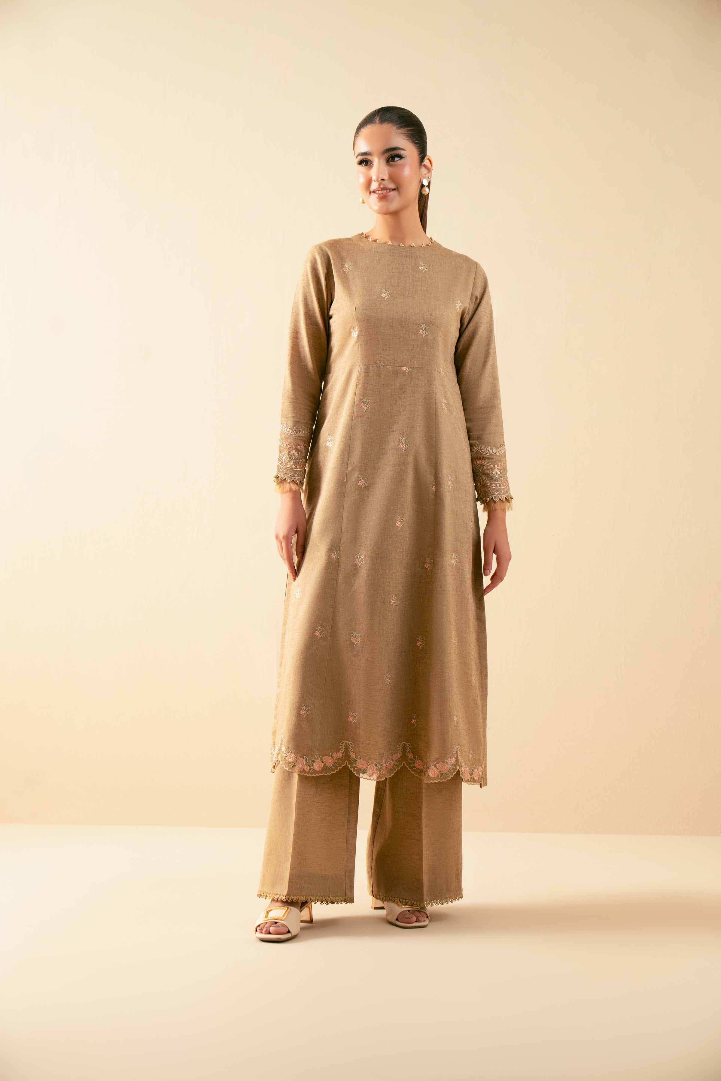 NISHATUAE - Ochre Embroidered Linen 2-piece Unstitched Dress