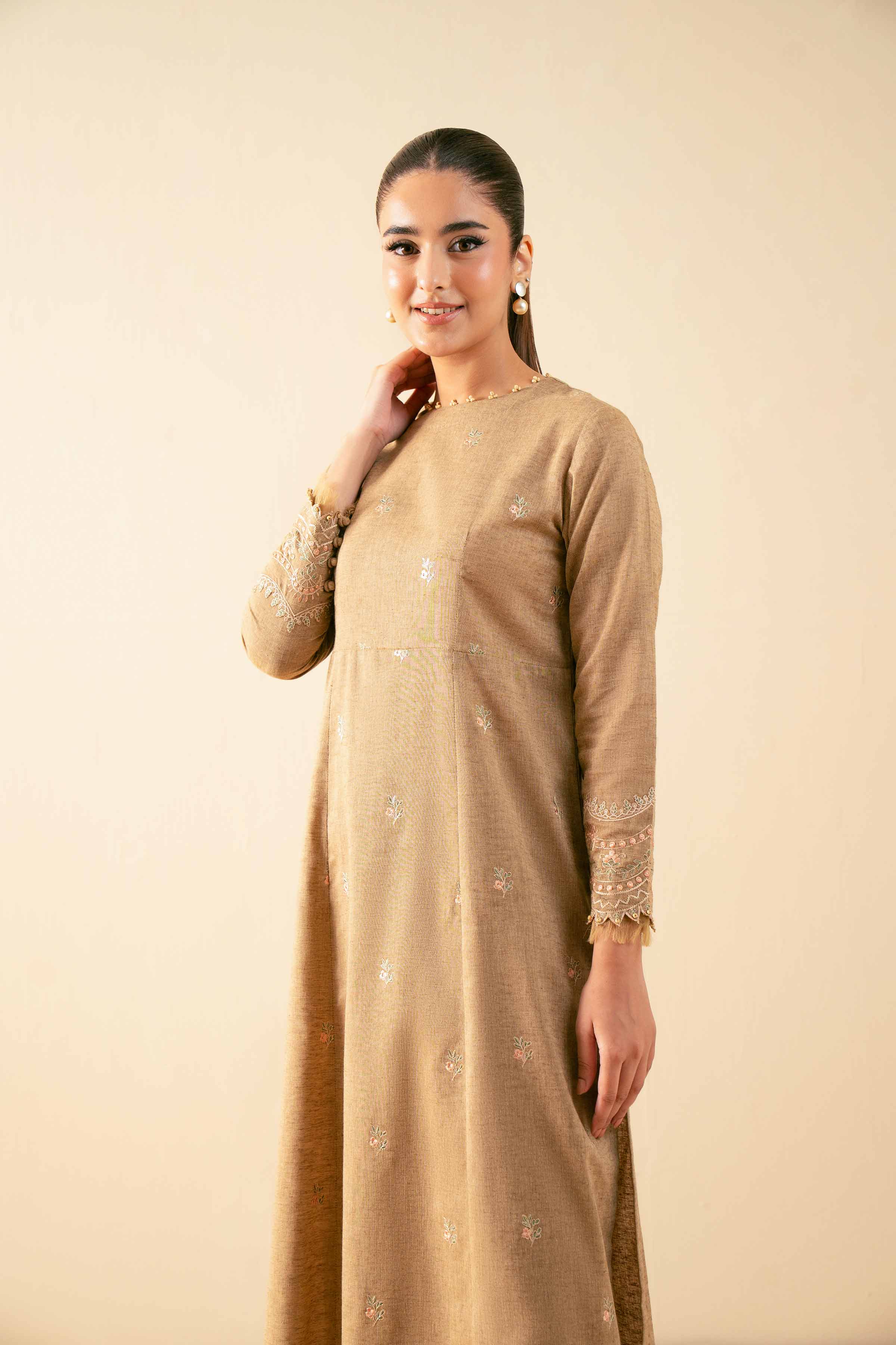 NISHATUAE - Ochre Embroidered Linen 2-piece Unstitched Dress