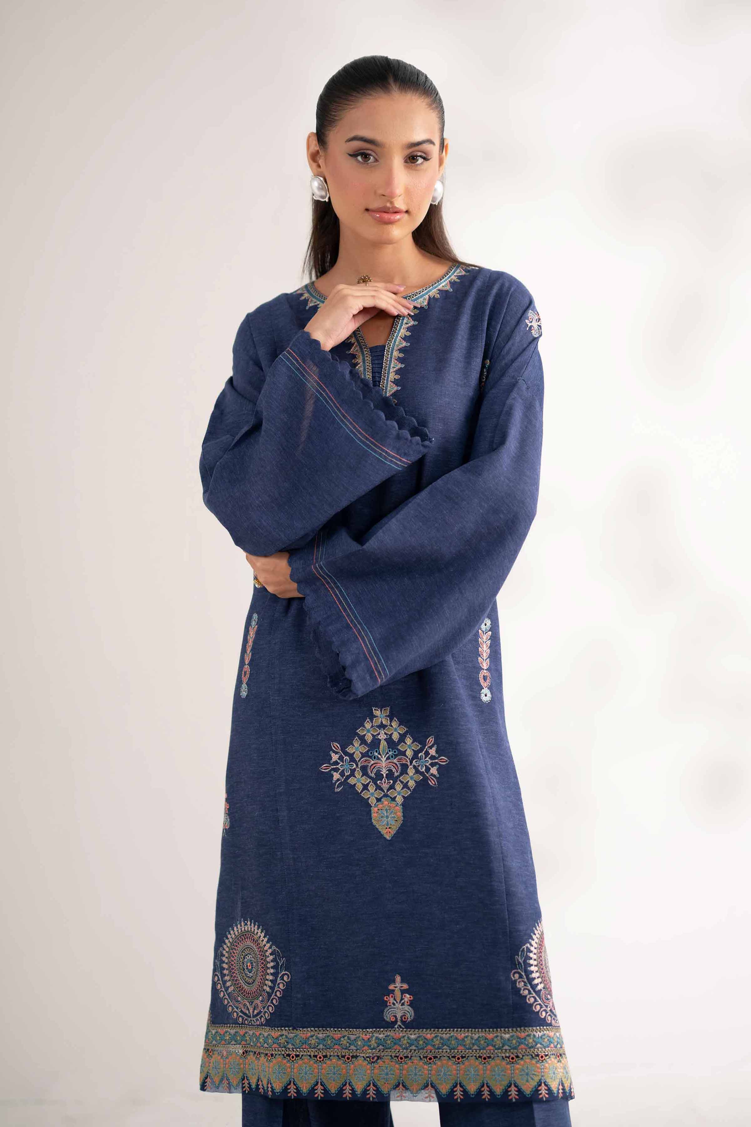 NISHATUAE - Blue Embroidered Cotton 2-piece Unstitched Dress