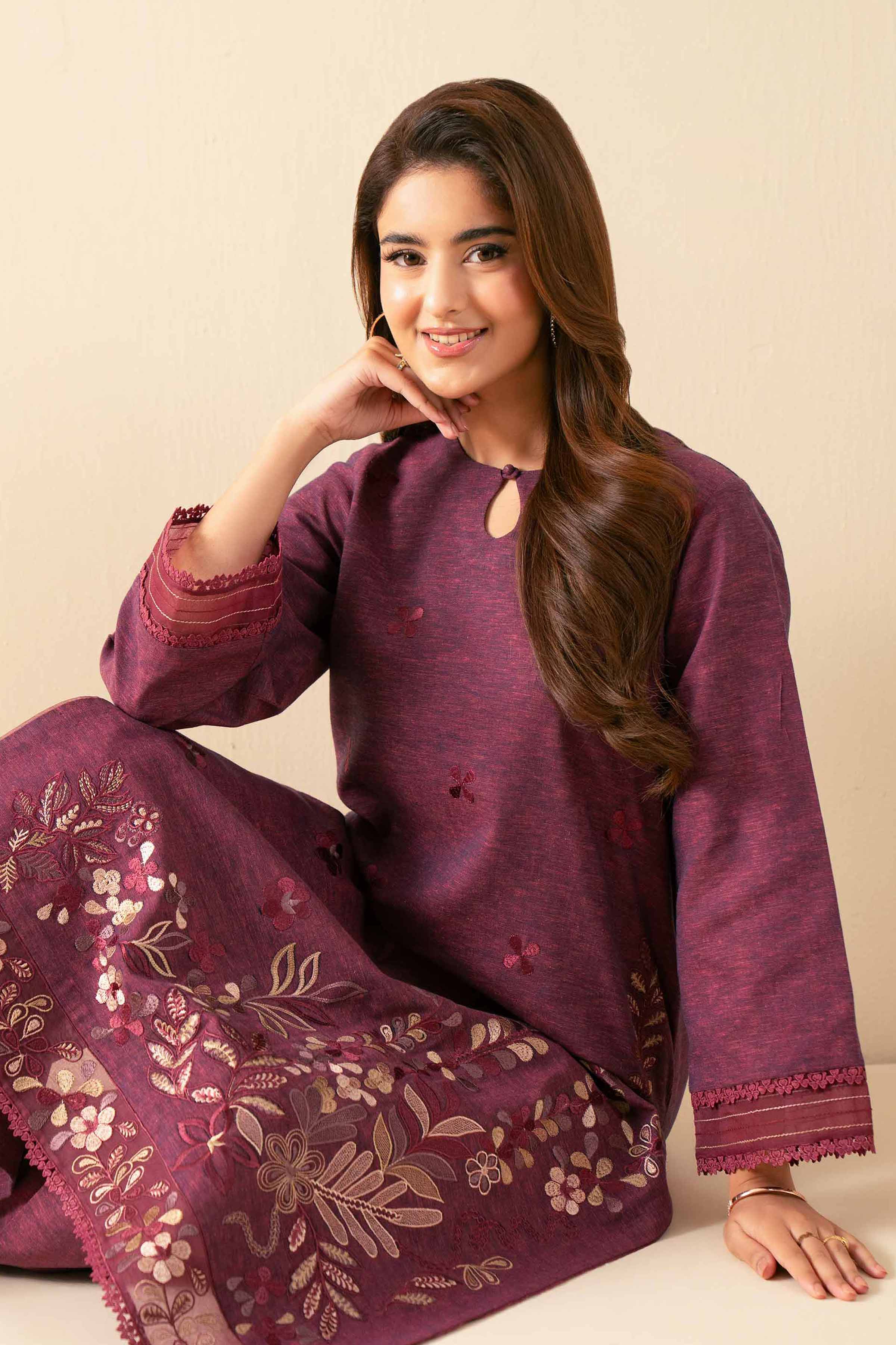 NISHATUAE - Coral Embroidered Linen 2-piece Unstitched Dress