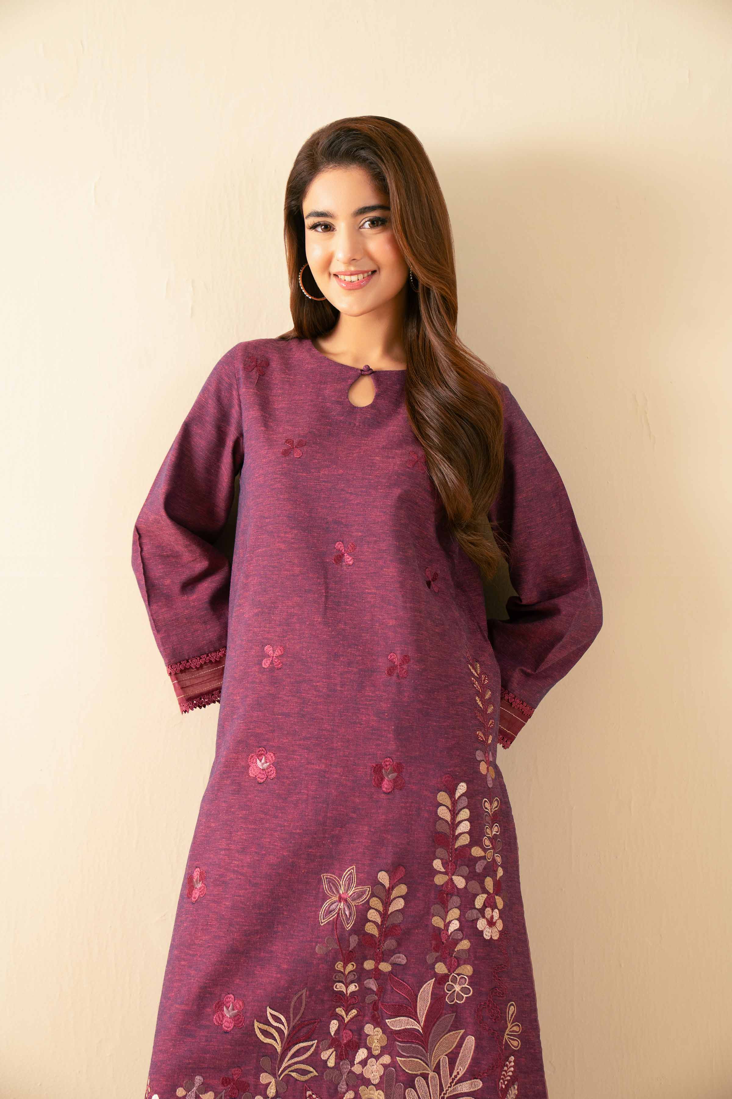 NISHATUAE - Coral Embroidered Linen 2-piece Unstitched Dress