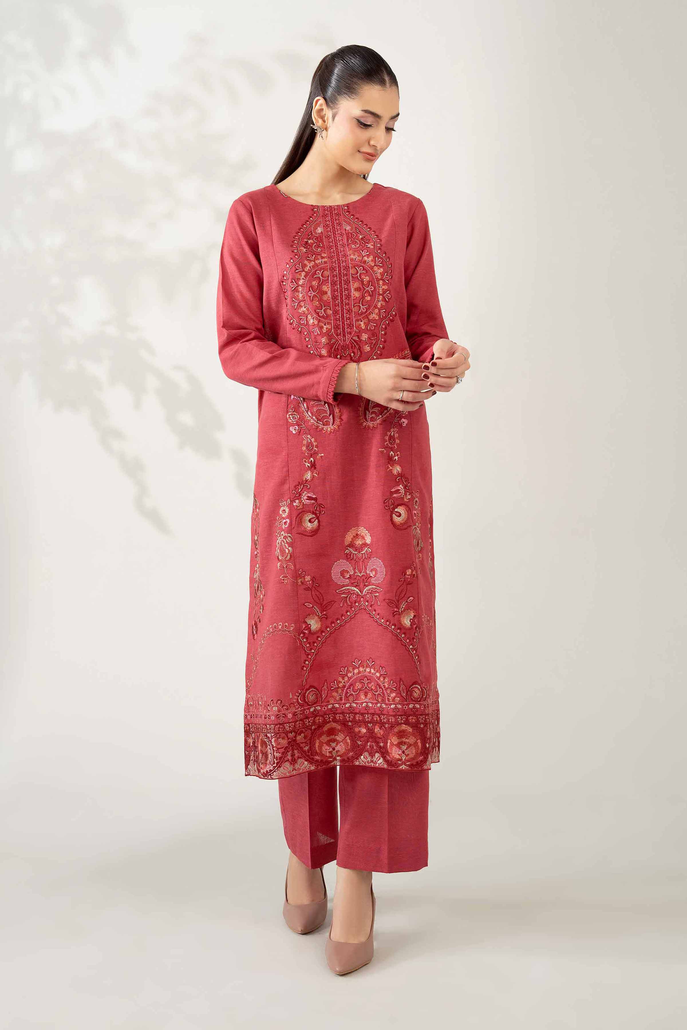 NISHATUAE - Red Embroidered Cotton 2-piece Unstitched Dress