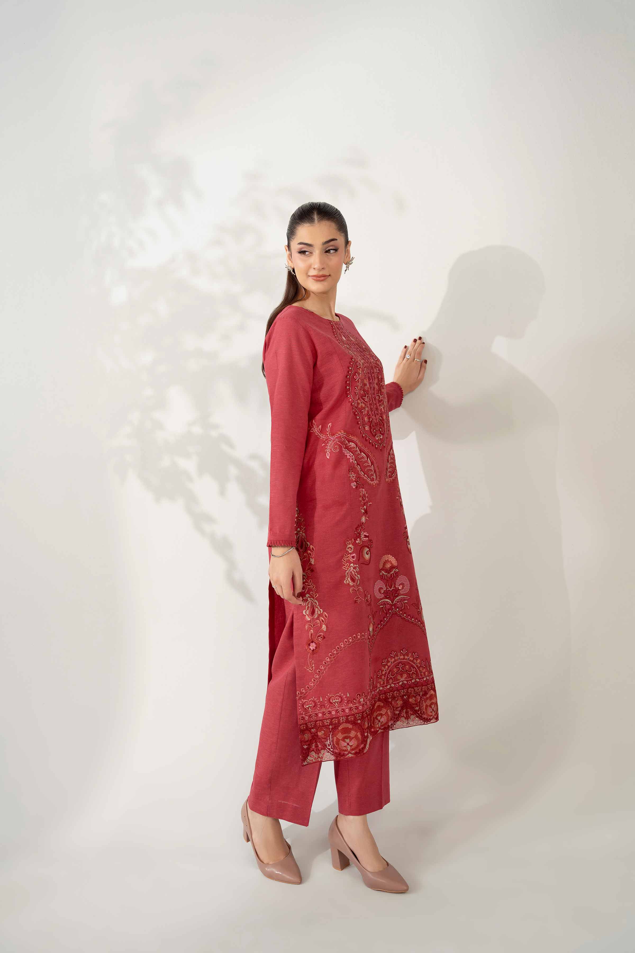 NISHATUAE - Red Embroidered Cotton 2-piece Unstitched Dress