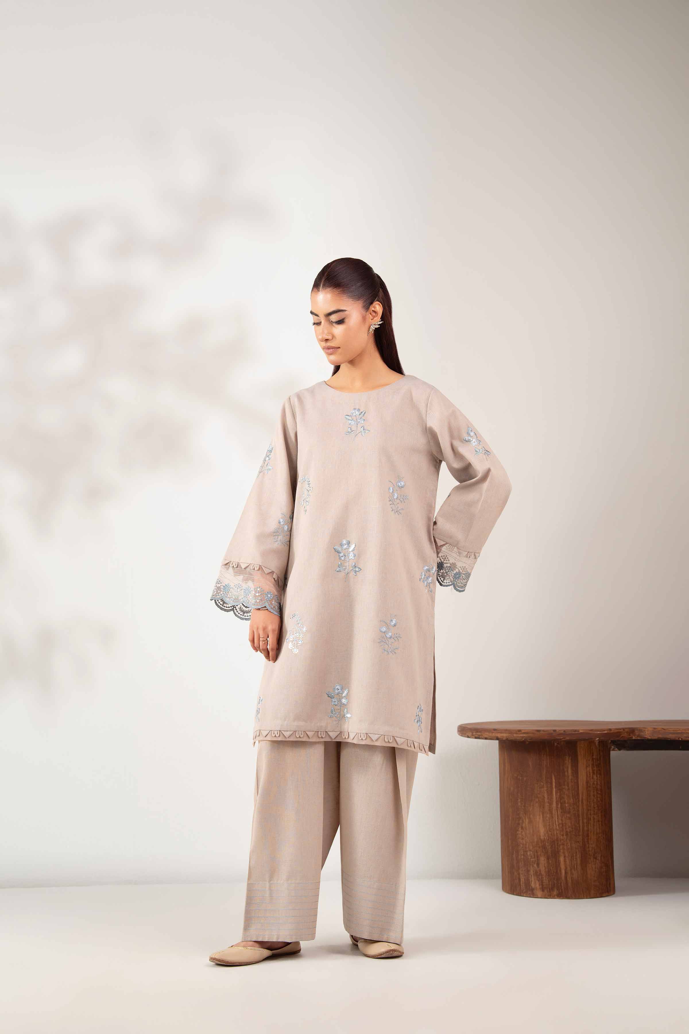 NISHATUAE - Beige Embroidered Cotton 2-piece Unstitched Dress