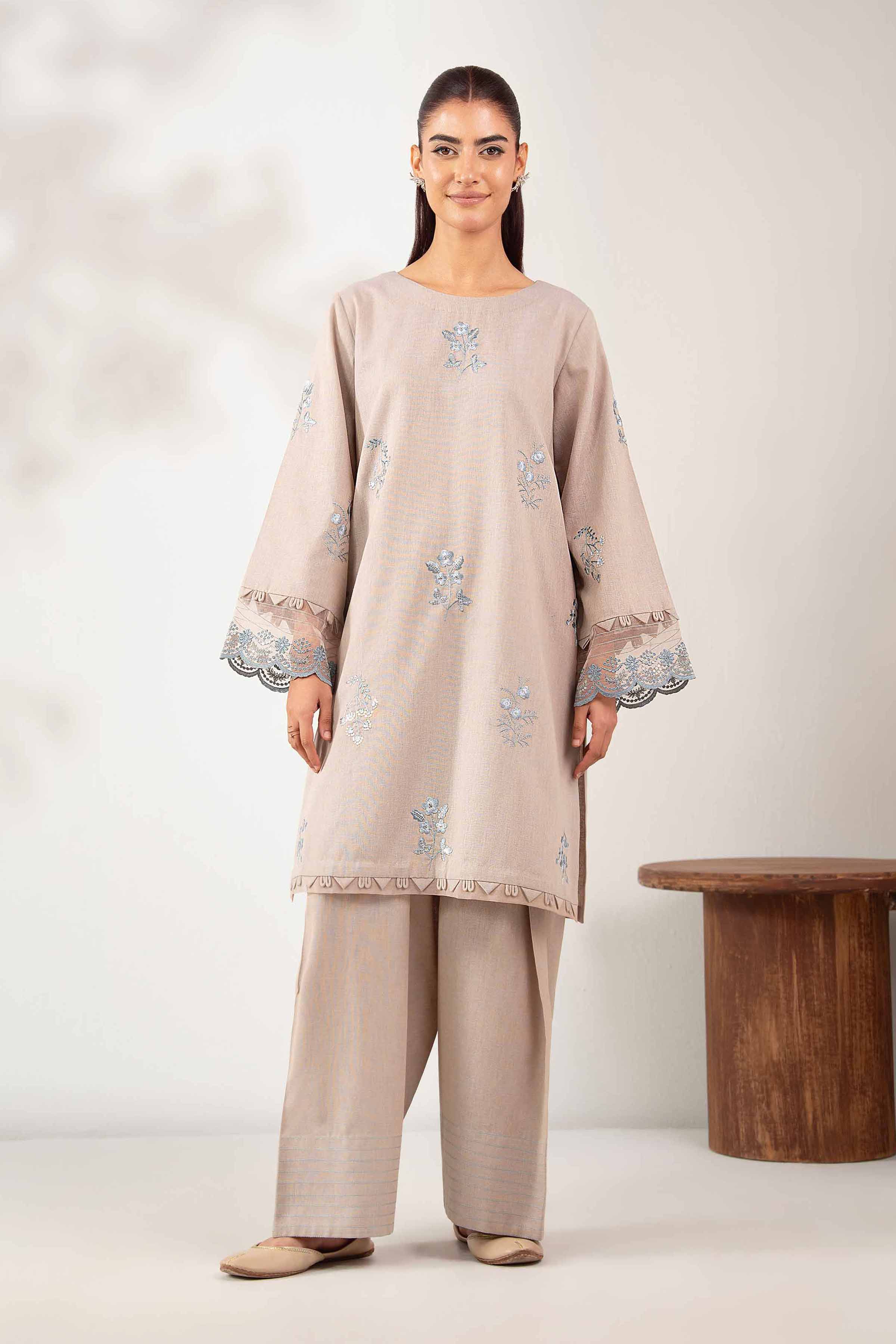 NISHATUAE - Beige Embroidered Cotton 2-piece Unstitched Dress