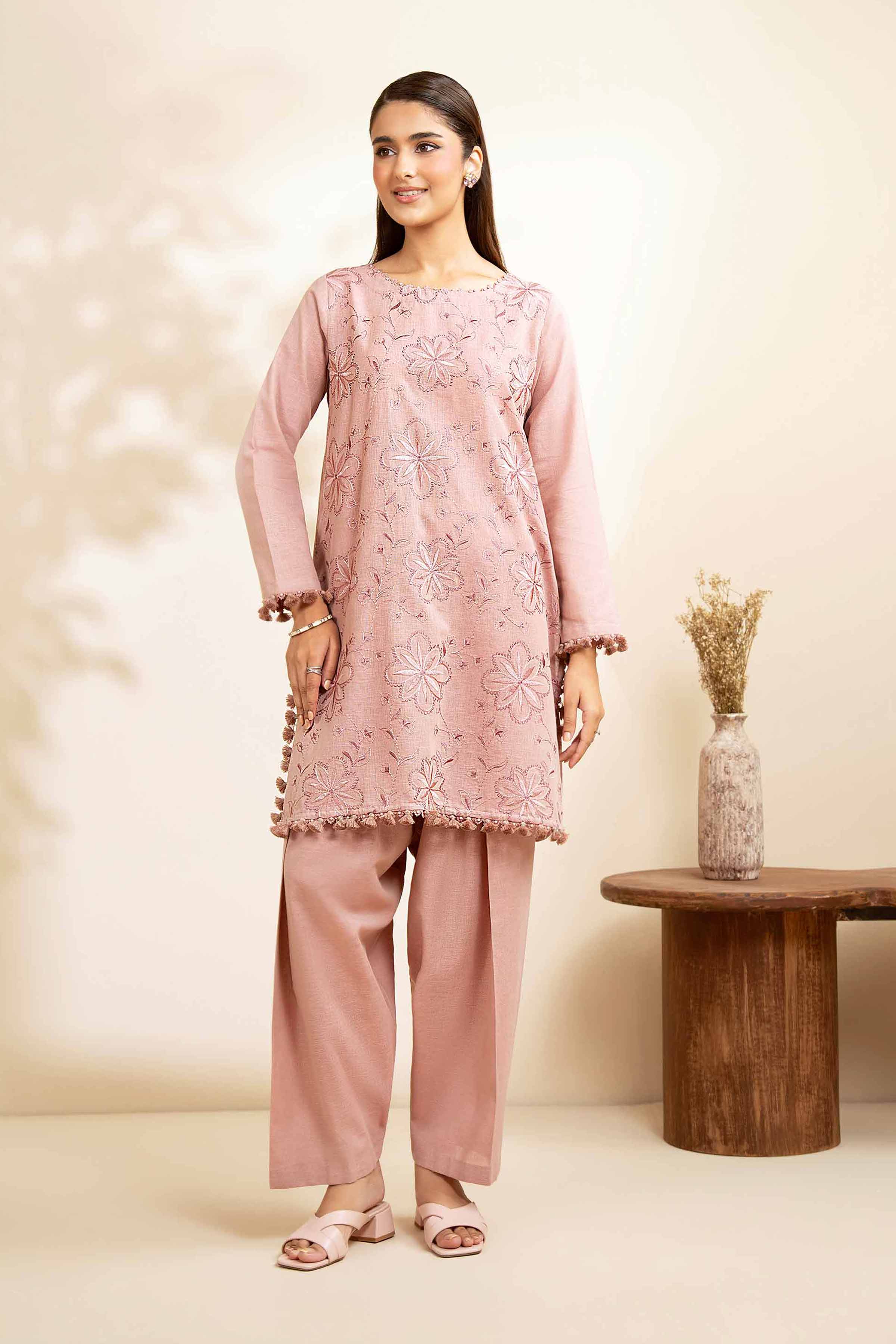 NISHATUAE - Pink Embroidered Linen 2-piece Unstitched Dress