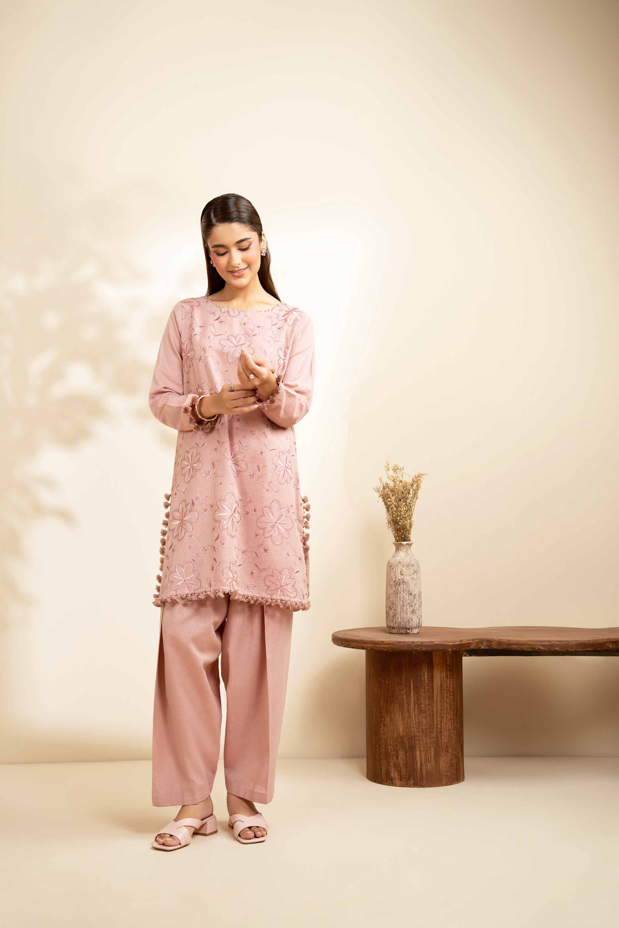 NISHATUAE - Pink Embroidered Linen 2-piece Unstitched Dress