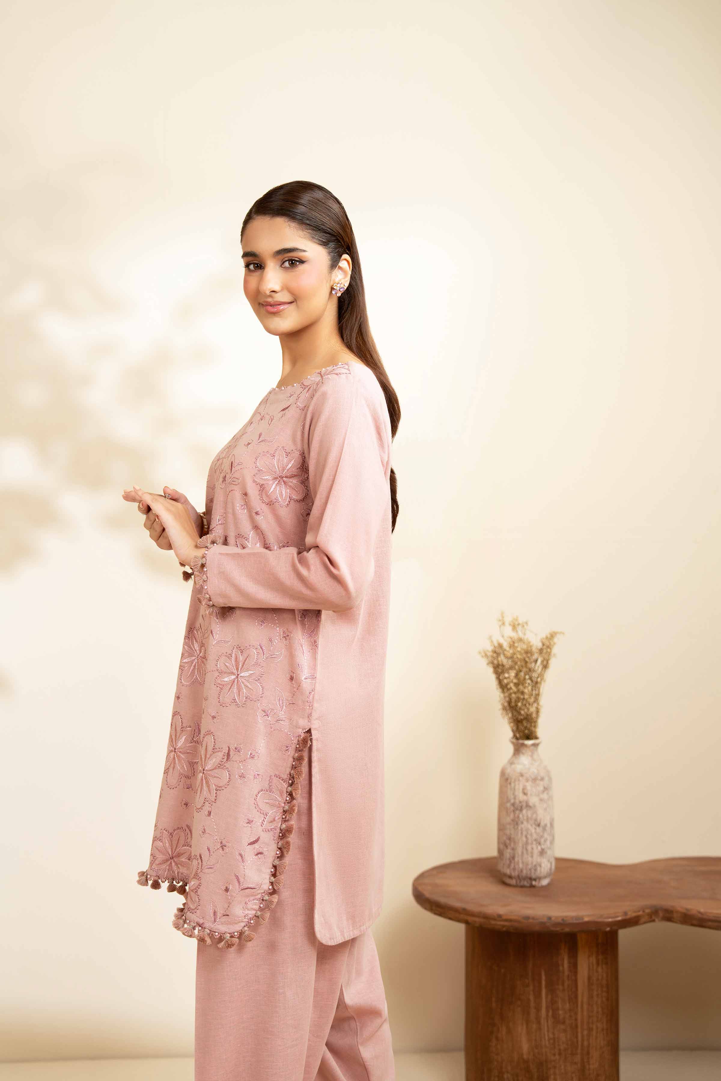 NISHATUAE - Pink Embroidered Linen 2-piece Unstitched Dress