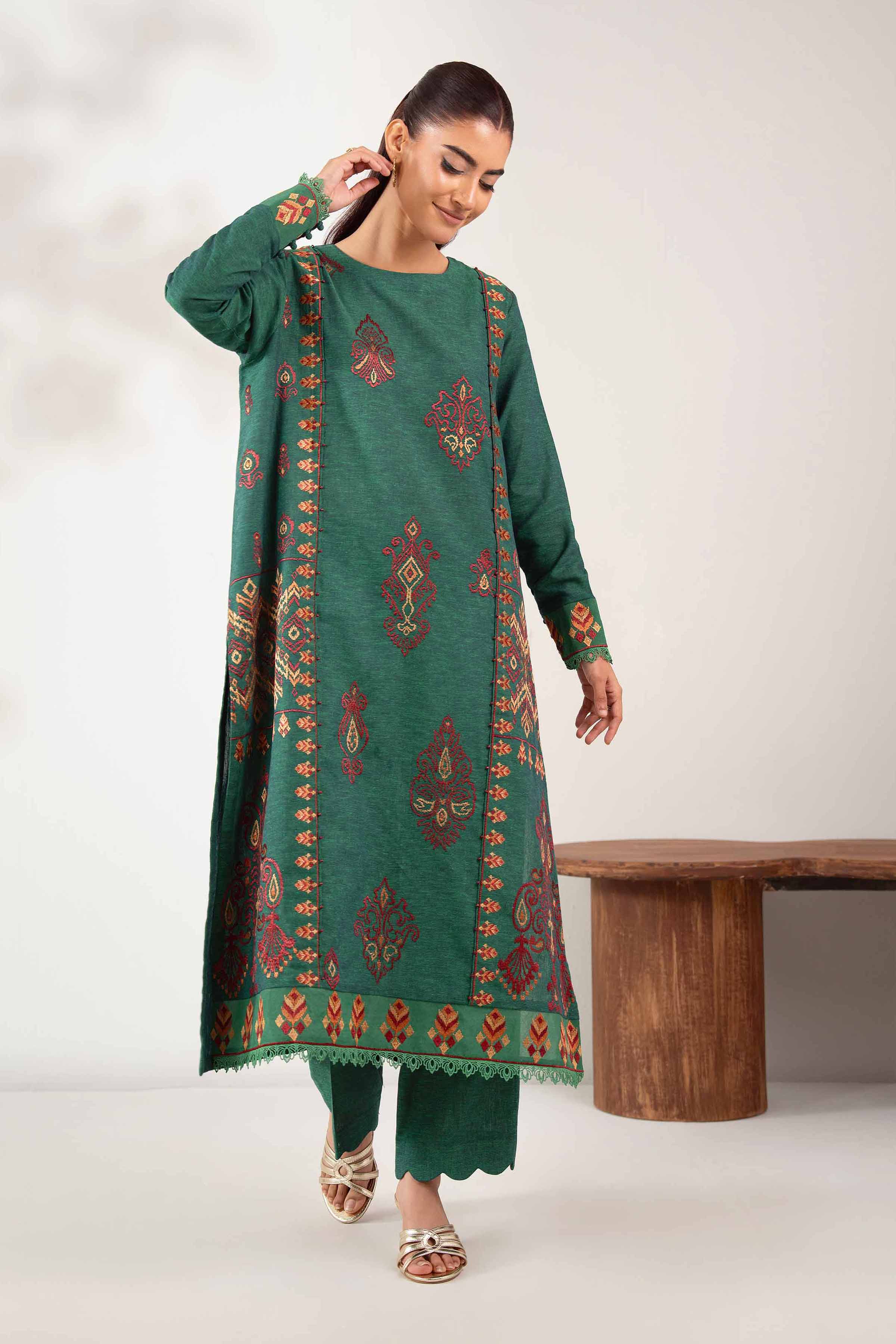 NISHATUAE - Green Embroidered Cotton 2-piece Unstitched Dress