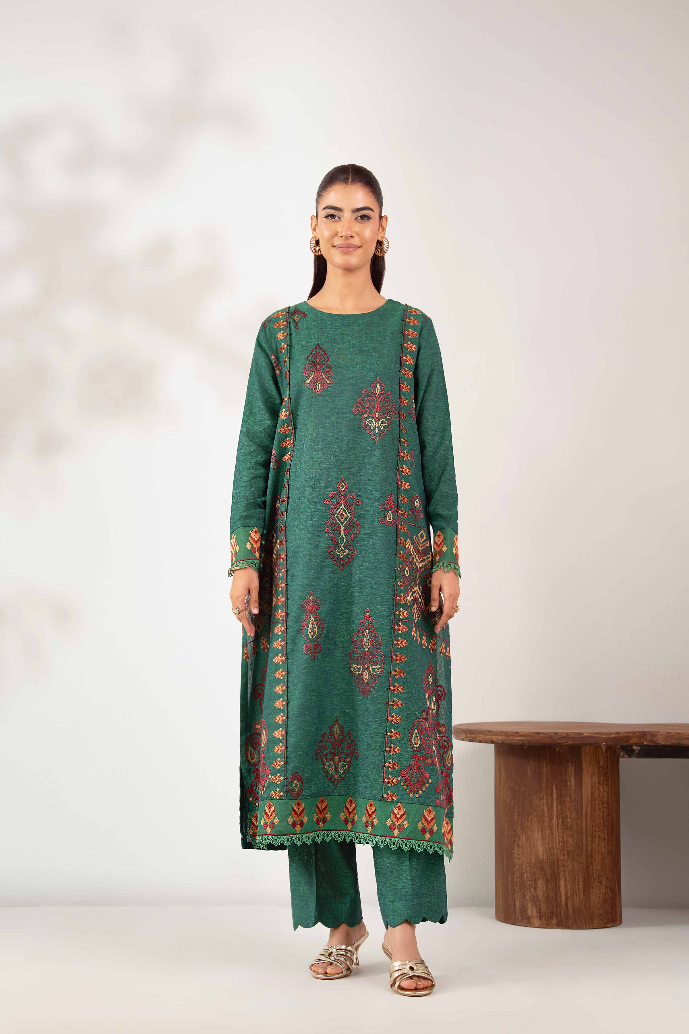 NISHATUAE - Green Embroidered Cotton 2-piece Unstitched Dress