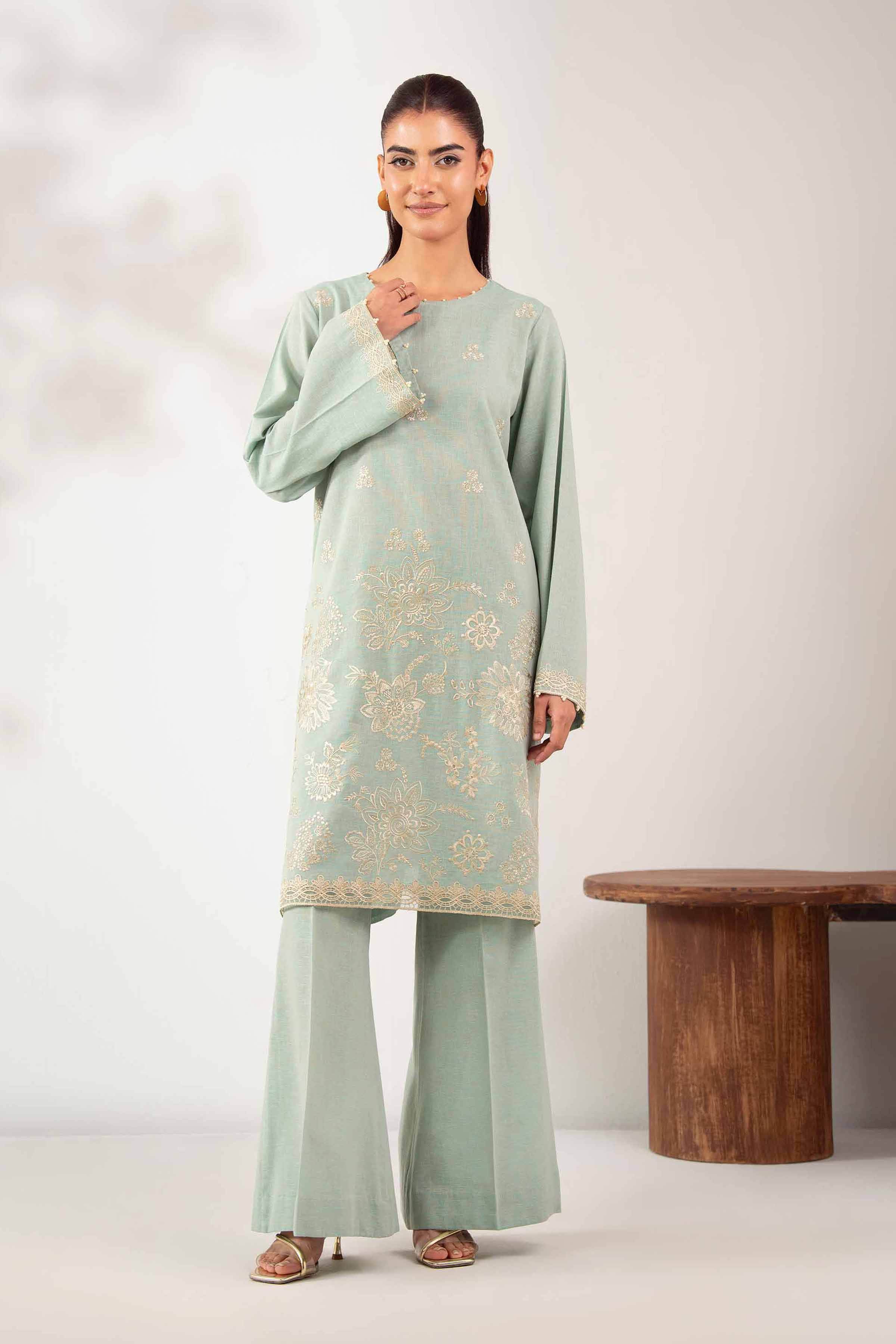 NISHATUAE - Green Embroidered Cotton 2-piece Unstitched Dress