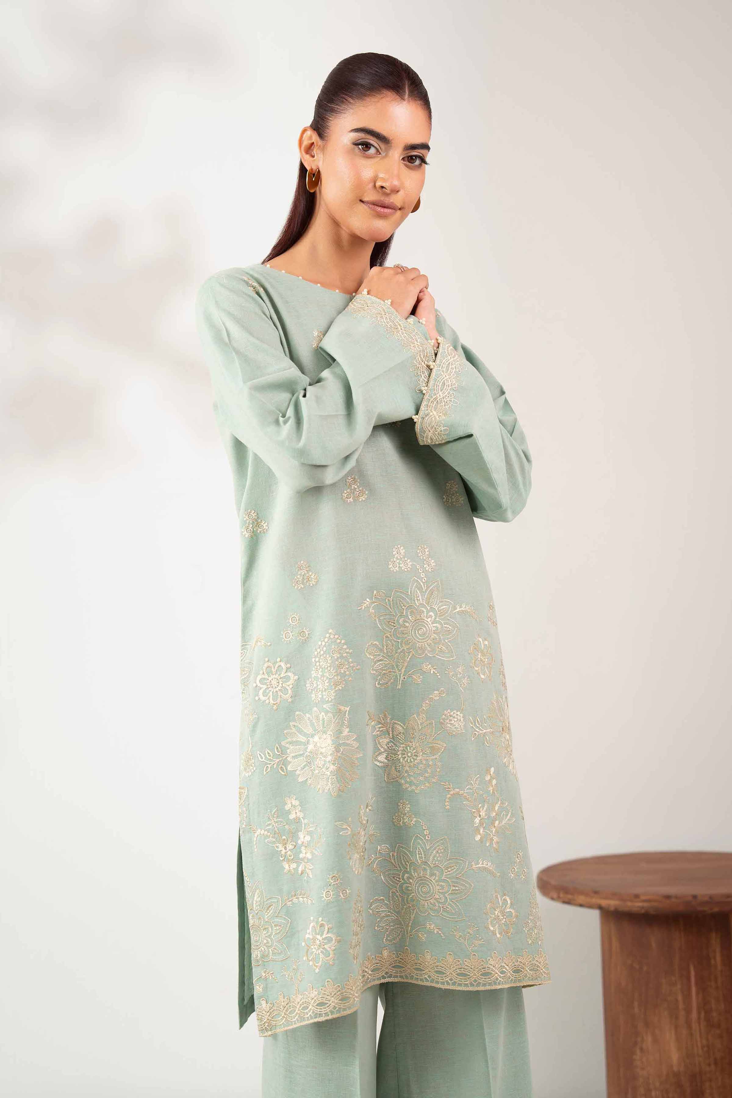 NISHATUAE - Green Embroidered Cotton 2-piece Unstitched Dress