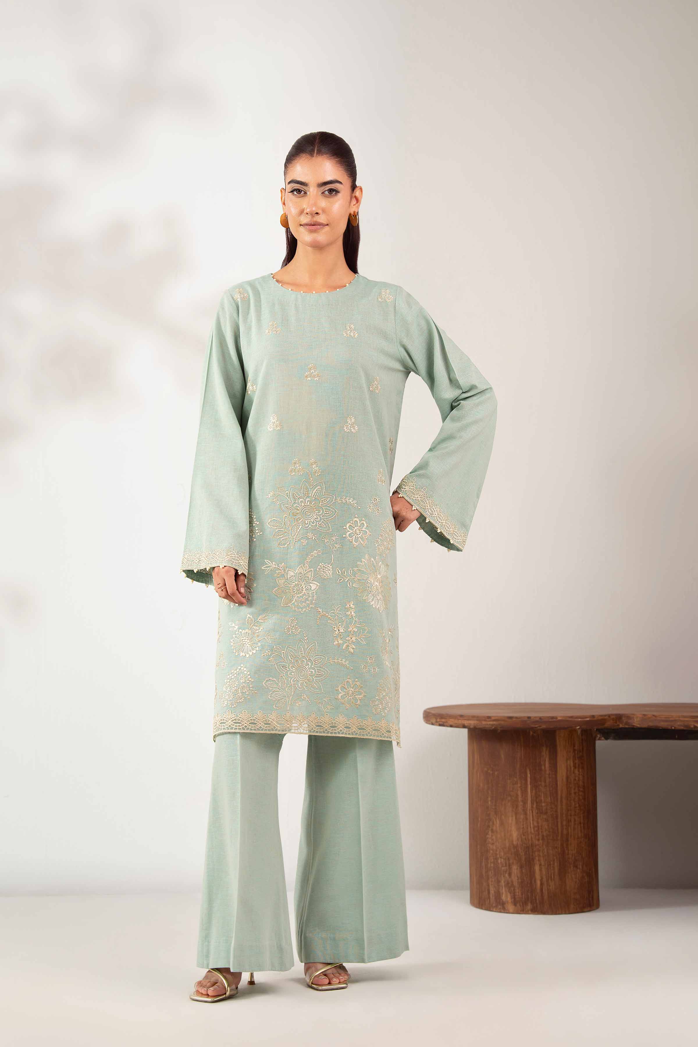 NISHATUAE - Green Embroidered Cotton 2-piece Unstitched Dress