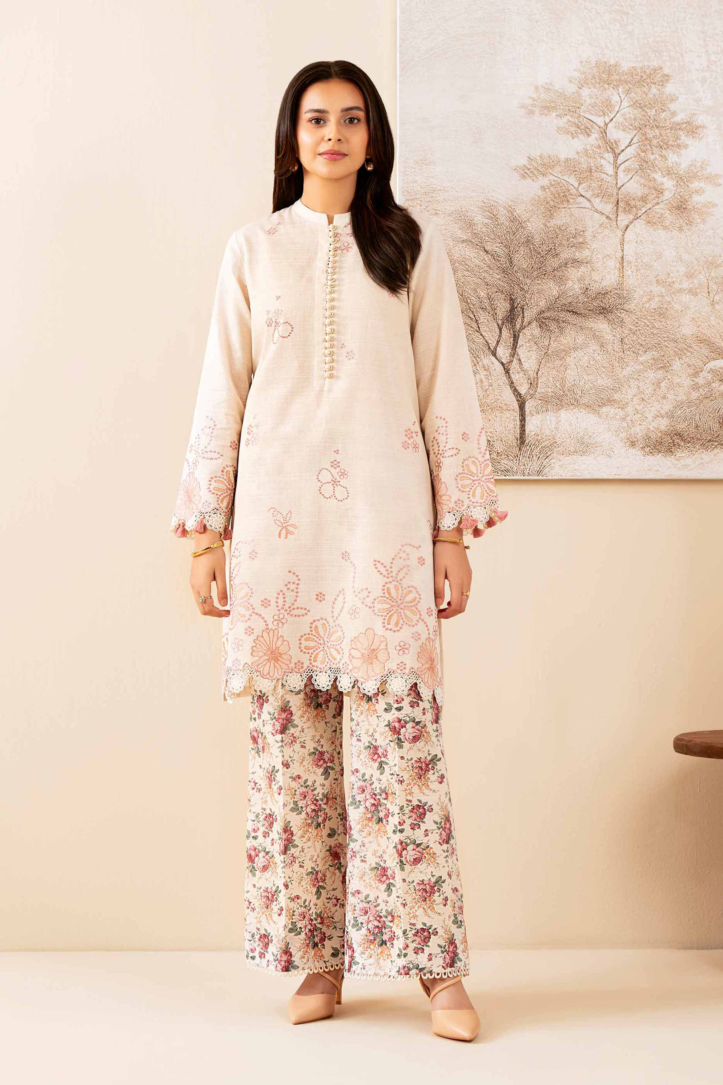 NISHATUAE - Beige Embroidered Khaddar 2-piece Unstitched Dress