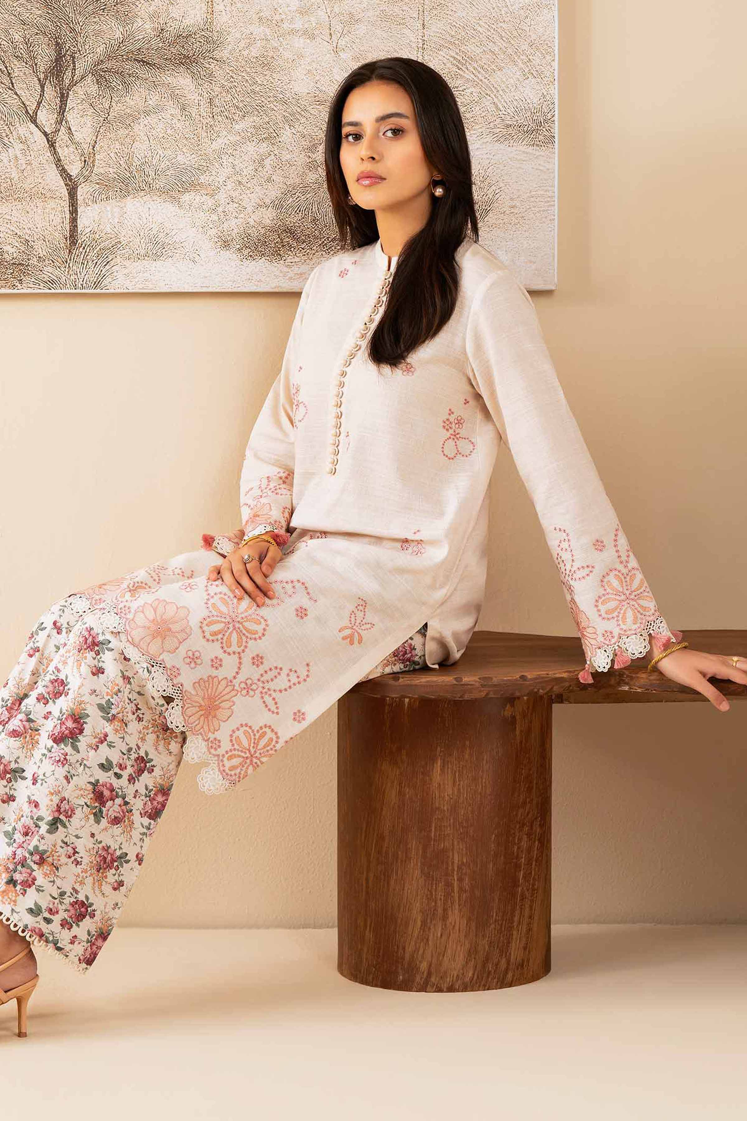 NISHATUAE - Beige Embroidered Khaddar 2-piece Unstitched Dress