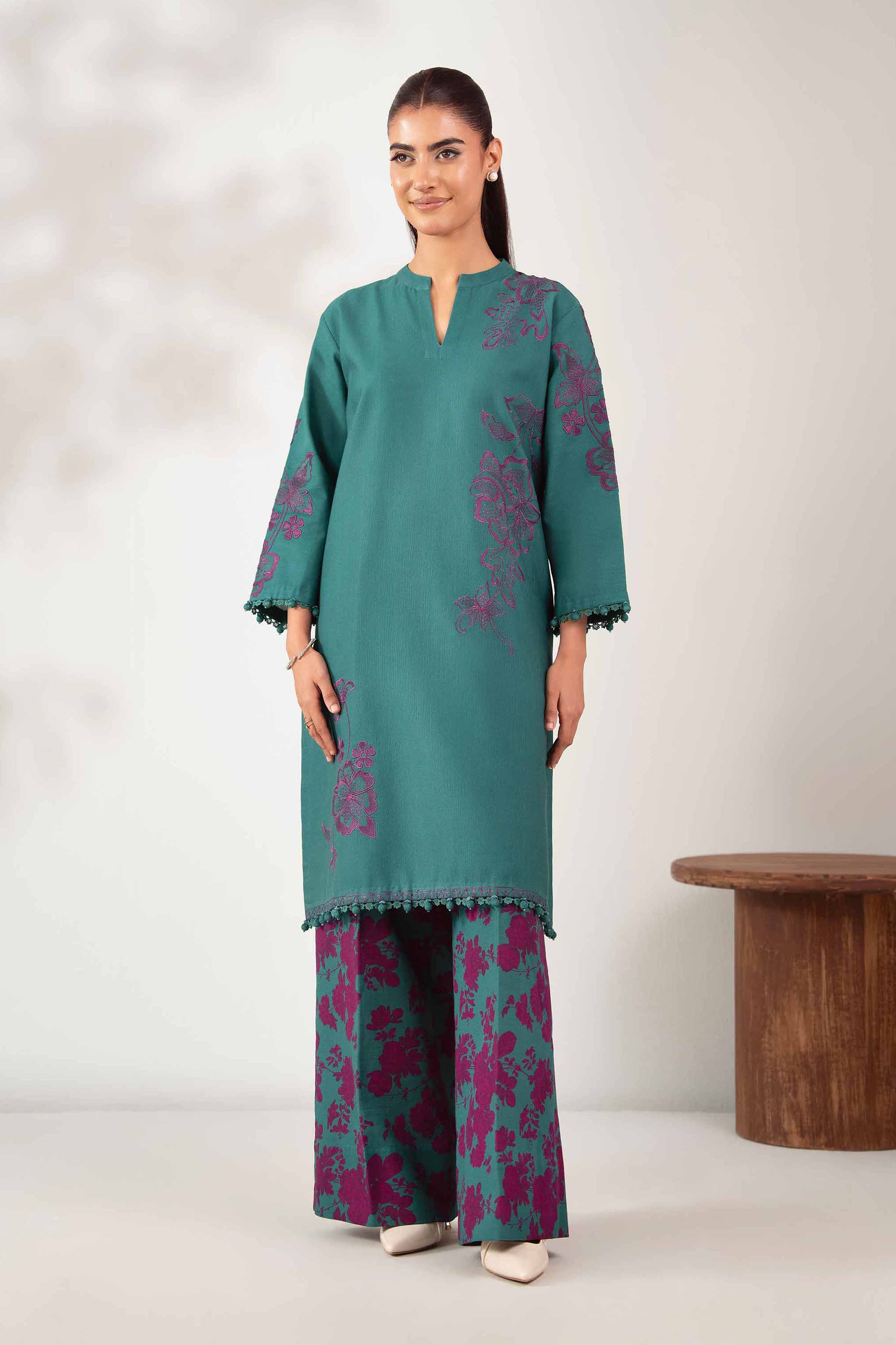 NISHATUAE - Green Embroidered Khaddar 2-piece Unstitched Dress