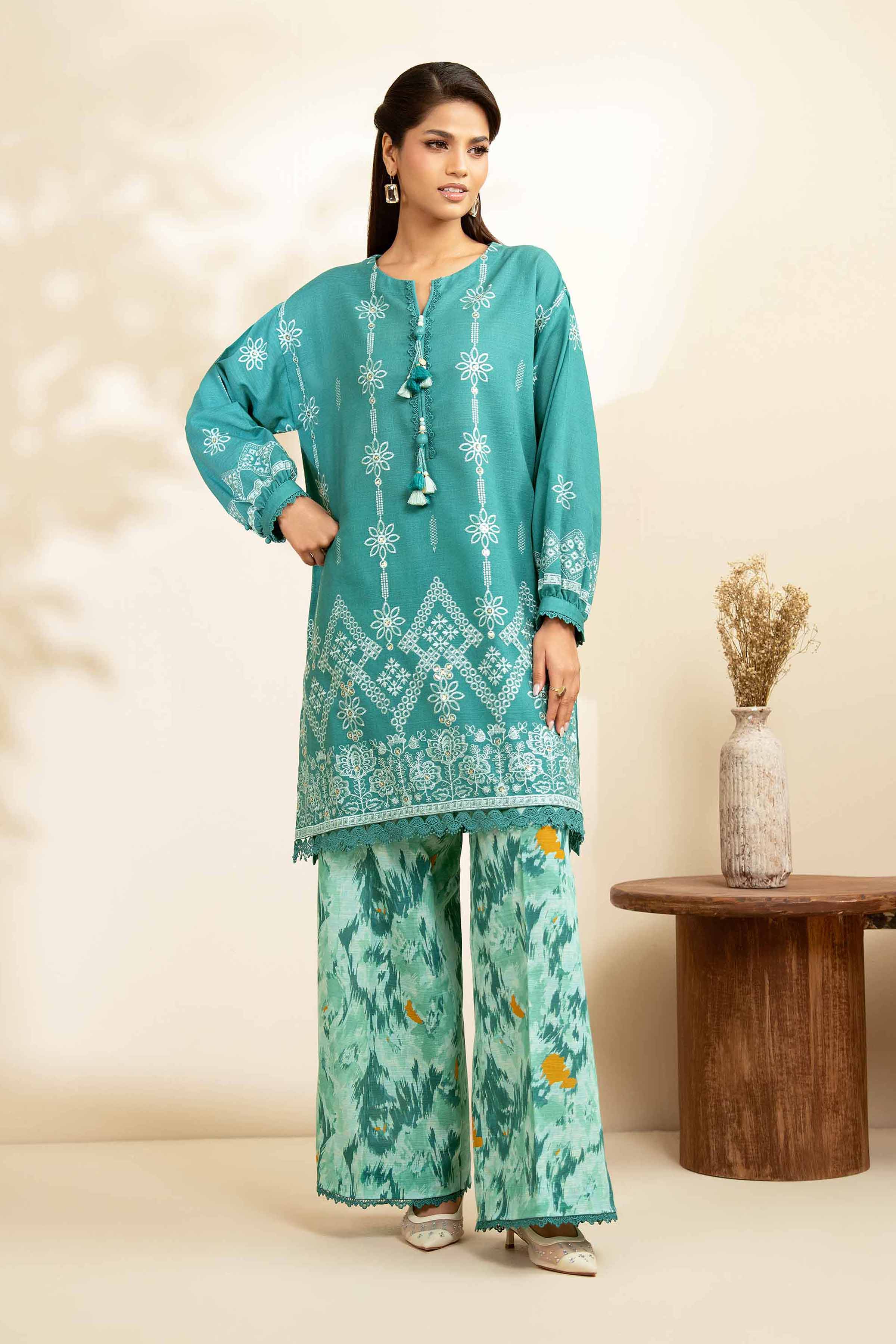 NISHATUAE - Aqua Embroidered Khaddar 2-piece Unstitched Dress